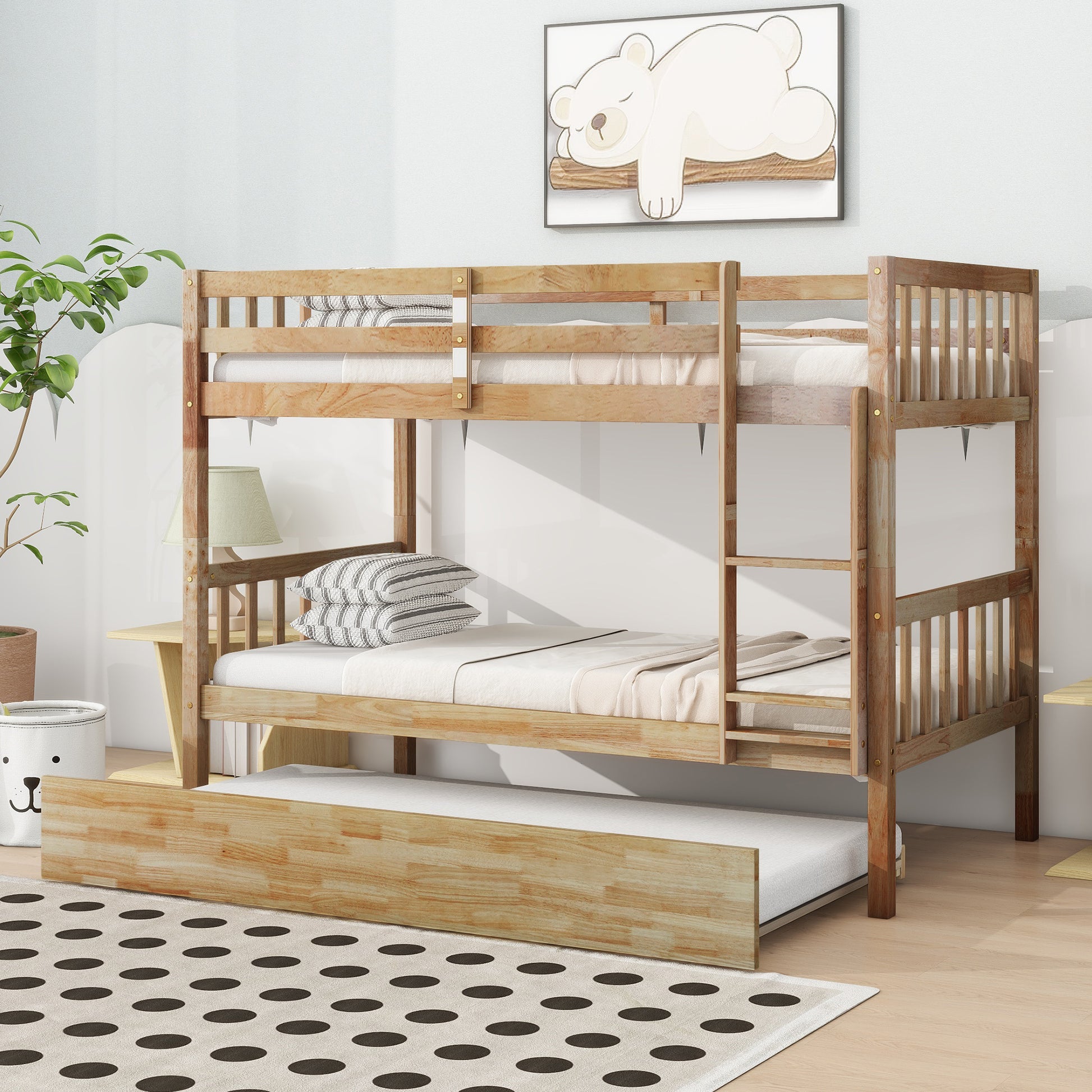 Twin Over Twin Rubber Wood Bunk Bed With Trundle, Convertible Into 2 Twin Size Beds, Twin Size Bunk Bed With Ladder And Safety Guardrails,Natural Twin Natural Rubber Wood