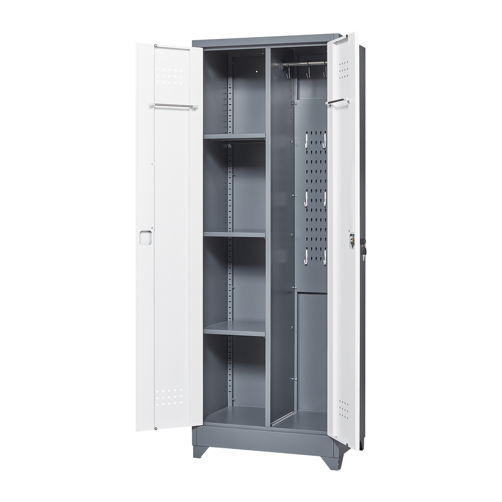 Metal Storage Cabinets, Cleaning Tool Cabinet With Locking Door, Tall Broom Tool Organizer And Storage, Large Storage Cabinet For Kitchen, Pantry, Office, Shop 3 4 Shelves Grey White Door Locks Modern Metal