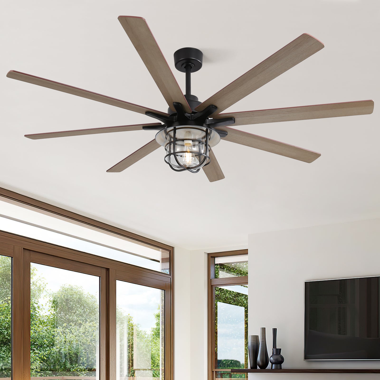 Modern 66 Inch Ceiling Fan With 6 Speed Wind 8 Blades Remote Control Reversible Dc Motor With Light Black Plywood