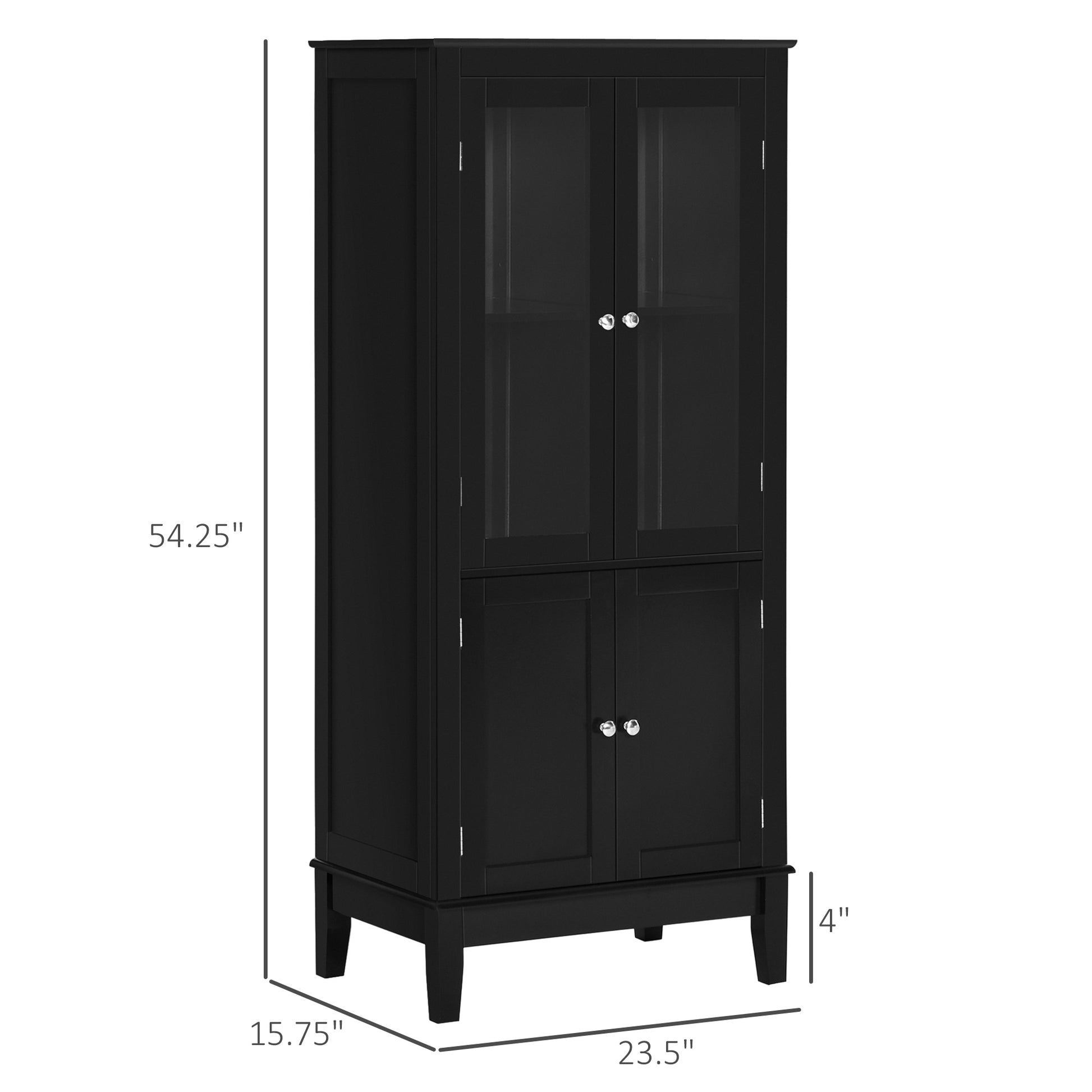 Kleankin Bathroom Floor Cabinet With 2 Storage Cabinets, Tempered Glass Door, Freestanding Linen Tower With Adjustable Shelves For Living Room, Black Black Mdf