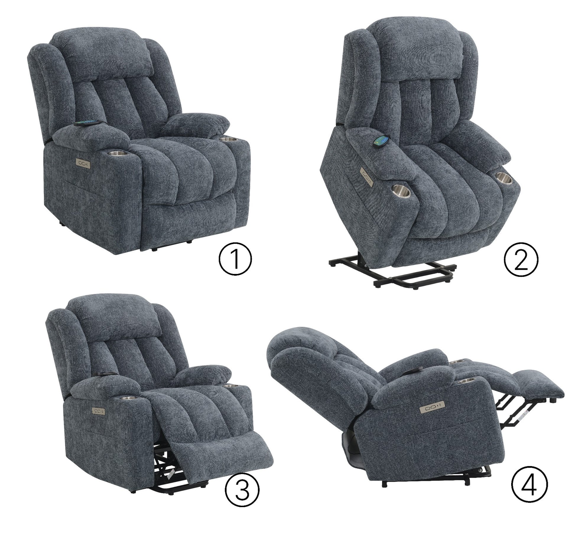 Blue Power Lift Recliner With Heating And Massage Blue Chenille Power Remote Metal Primary Living Space Tight Back Push Button Pillow Top Arms Chenille