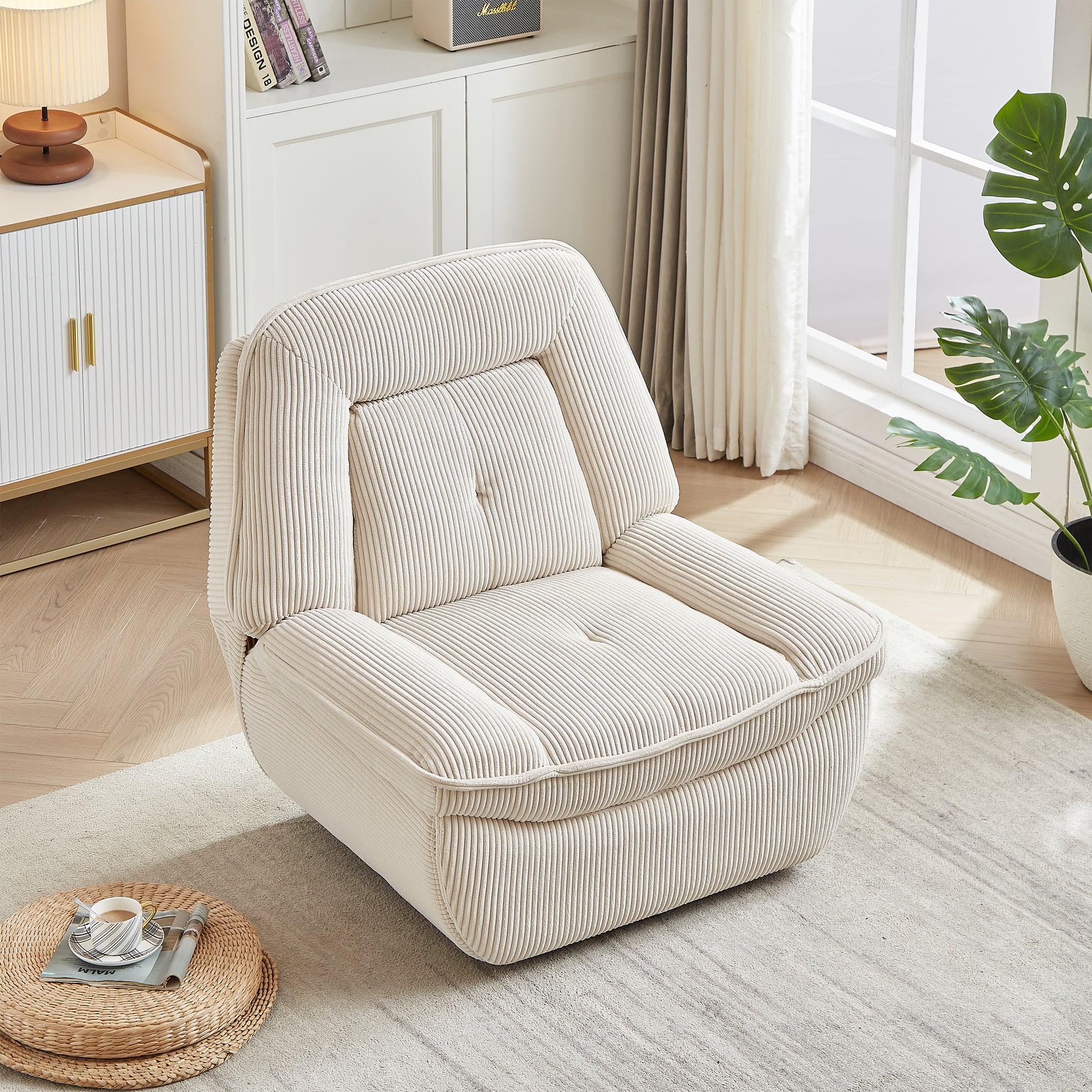 Video 360 Degree Corduroy Swivel Upholstered Manual Recliner Chair,Theater Recliner Sofa,Nursery Glider Rocker For Living Room Beige Corduroy