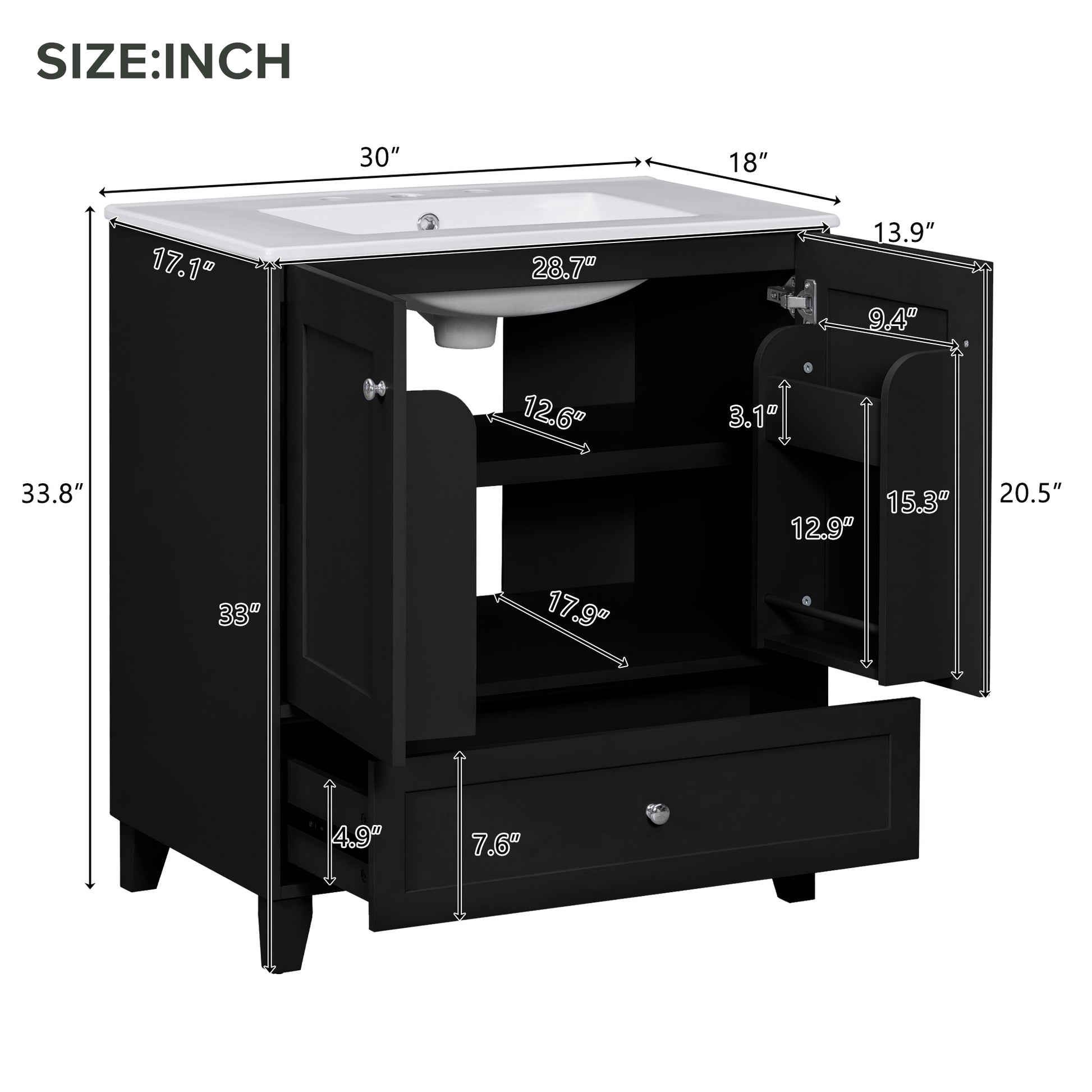 30" Black Bathroom Vanity Set With Ceramic Sink And Large Storage Space Ideal For Small Bathrooms Black Bathroom Solid Wood Mdf