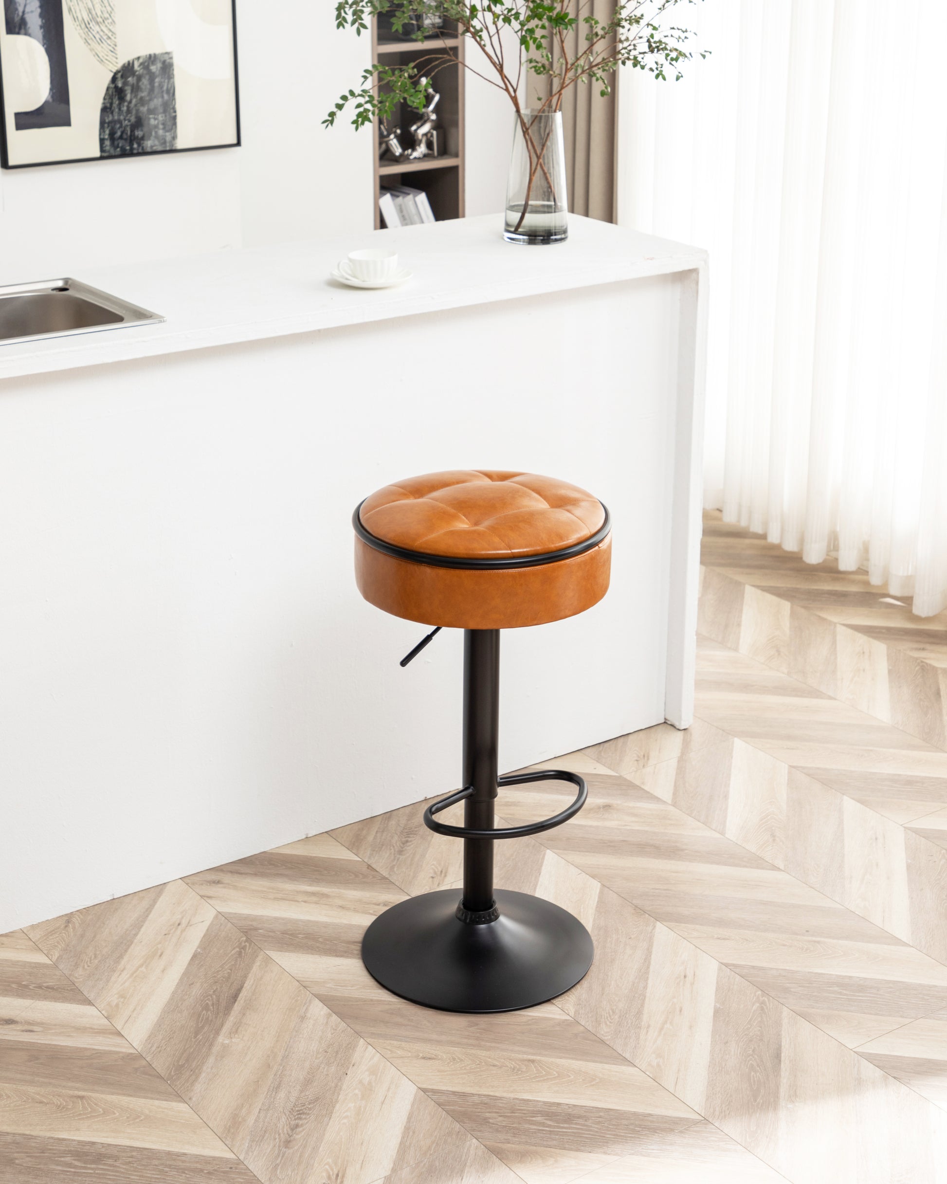 Round Storage Bar Stool Set Of 2, Brown Faux Leather Height Adjustable Barstool, 360 Counter Height Swivel Stool, Armless Bar Chair With Metal Frame For Kitchen Counter Dining Living Room Brown Set Of 2 Foam Pu Leather