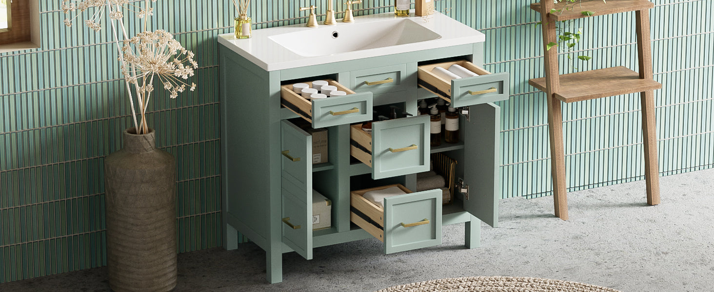 36" Bathroom Vanity Cabinet With Resin Integrated Sink 4 Drawers, 2 Doors Green Bathroom Solid Wood Mdf Resin