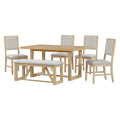 6 Piece Retro Dining Set, 1 Rectangular Table With Designed Trestle Base And 4 Upholstered Chairs And 1 Bench For Dining Room And Kitchen Natural Natural Solid Wood Mdf