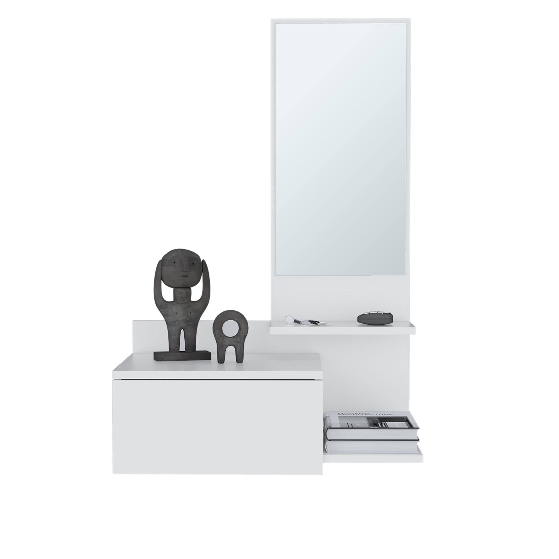 Floating Hallway Cabinet 36.2" H, 1 Drawer, 3 Shelves, 1 Mirror, White White Solid Wood Mdf Engineered Wood