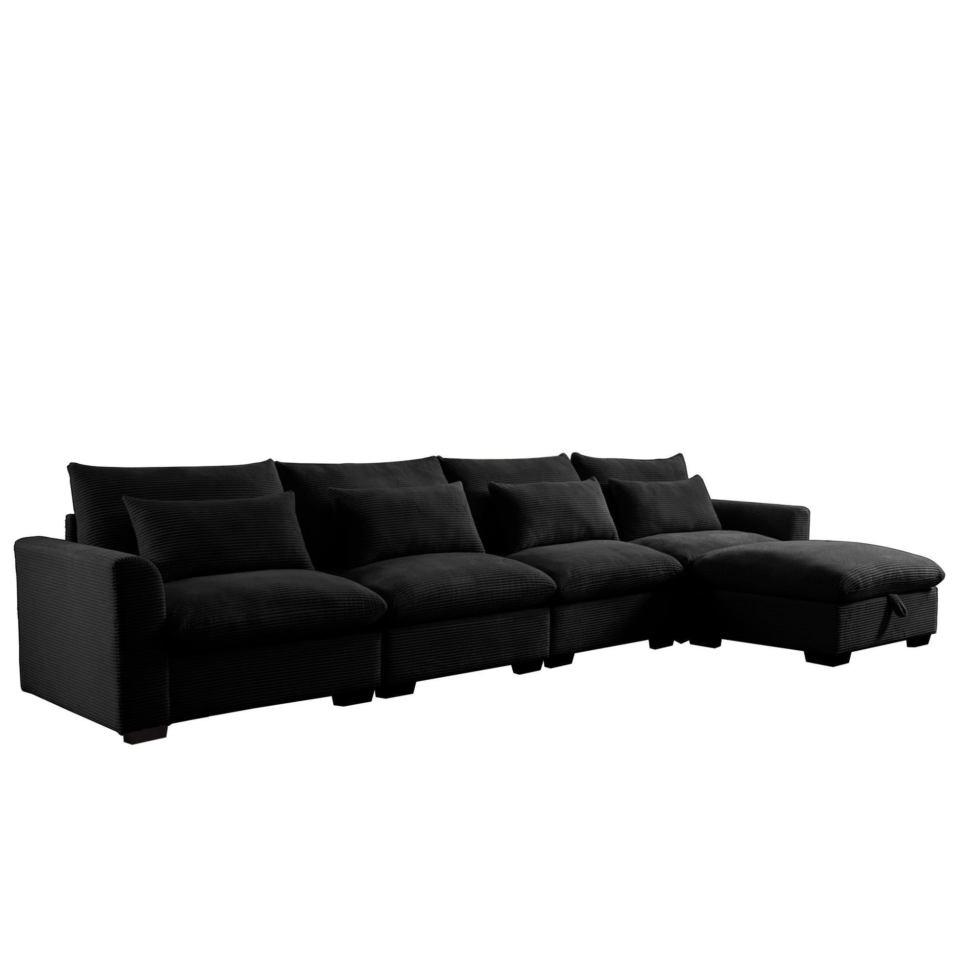 Large L Shape Sectional Corduroy Sofa,Deep Seat Couch With Storage Footstool And 4 Waist Pillows, Black Black Corduroy 4 Seat