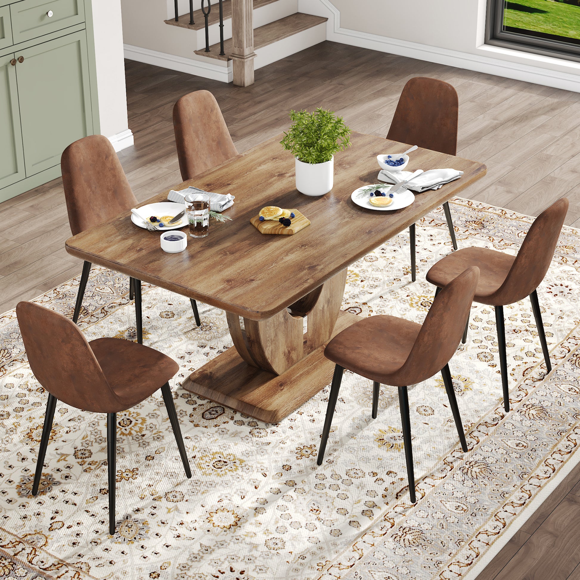 Table And Chair Set.Mdf Rectangular Dining Table, 6 Modern Medieval Style Restaurant Cushioned Side Chairs With With Soft Cushions And Black Metal Legs.Suitable For Restaurants, Living Rooms, Kitchen. Brown Seats 6 Mdf Metal