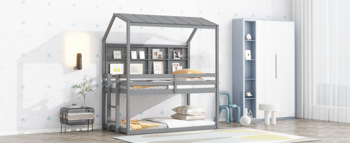 Twin House Loft Bed With Guardrails, Semi Enclosed Roof, Bedside Shelves And Ladder, Grey Twin Gray Bedroom American Design Pine Pine