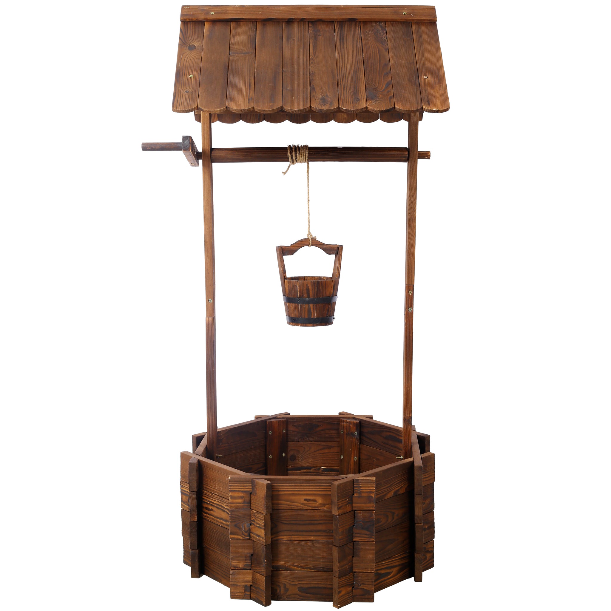 Rustic Wooden Wishing Well Planter Outdoor Home D Cor For Patio, Garden, Yard W Hanging Bucket Brown Wood