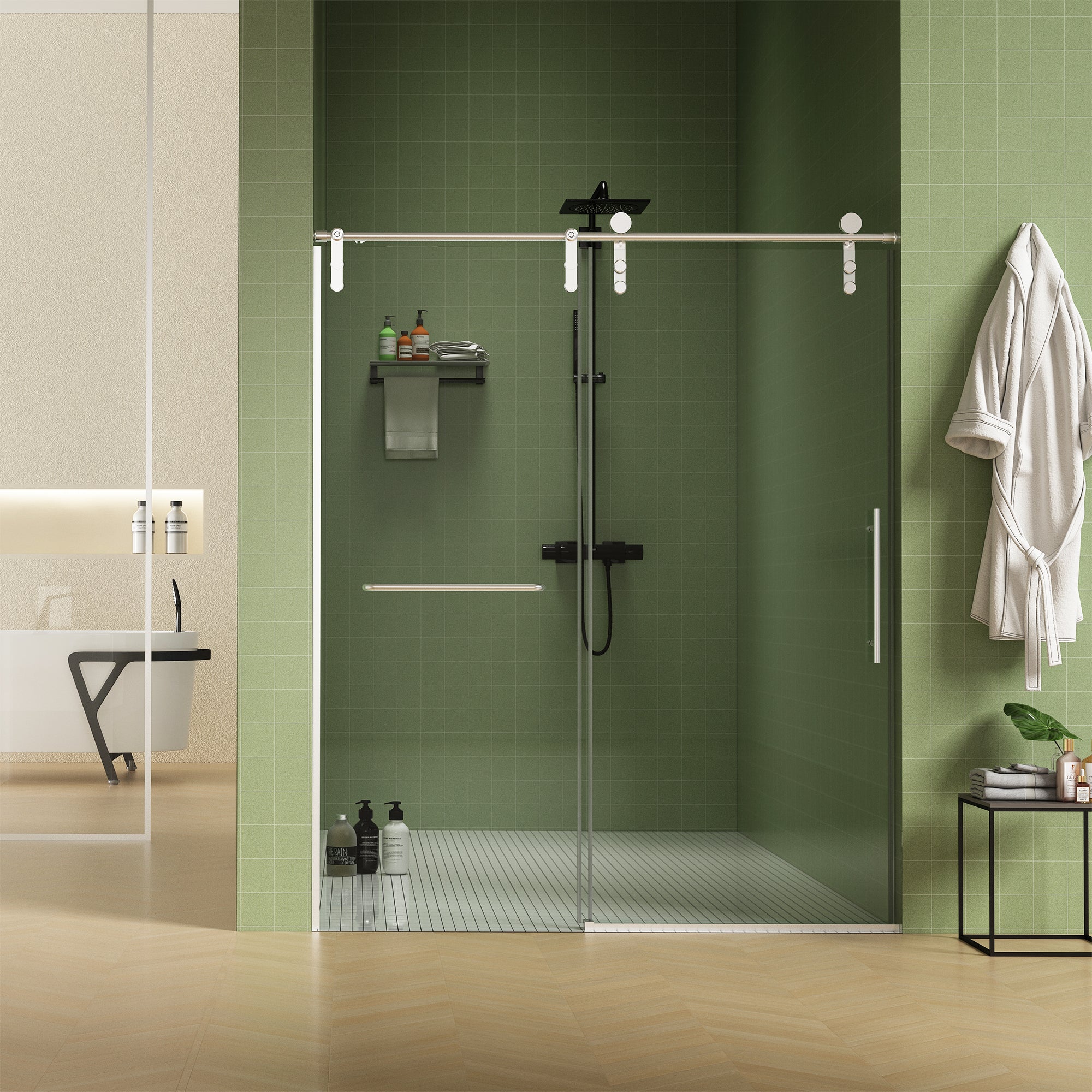 56" 60"W X 76"H Frameless , Sliding , Premium 5 16" 8Mm Thick Tempered Glass Shower Enclosure With Towel Bar ,Double Side Easy Clean Coat,Brushed Nickel Finished With Buffer Brushed Nickel Bathroom American Design Stainless Steel