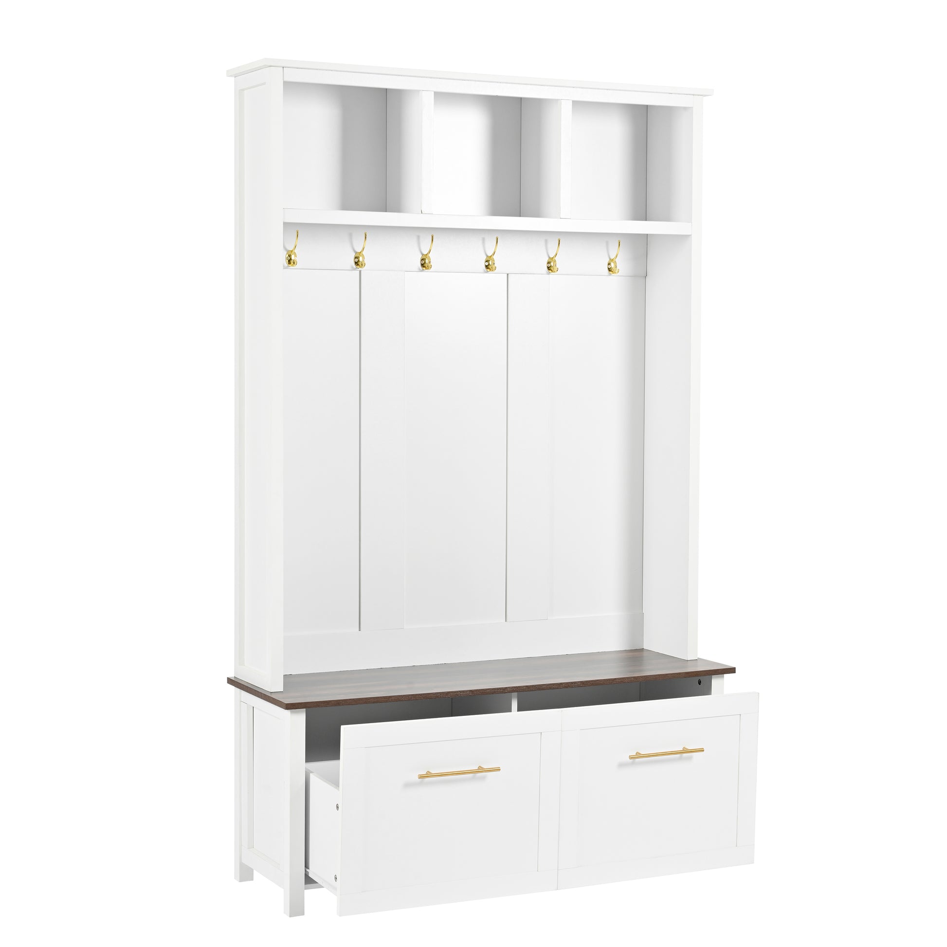 Versatile 4 In 1 Hall Tree With 6 Golden Hooks, Brown Wood Grain Bench With Multiple Storage Space, Entryway Coat Rack With 2 Drawers For Living Room, Hallway, White, 47.2''W*76.6''H White Primary