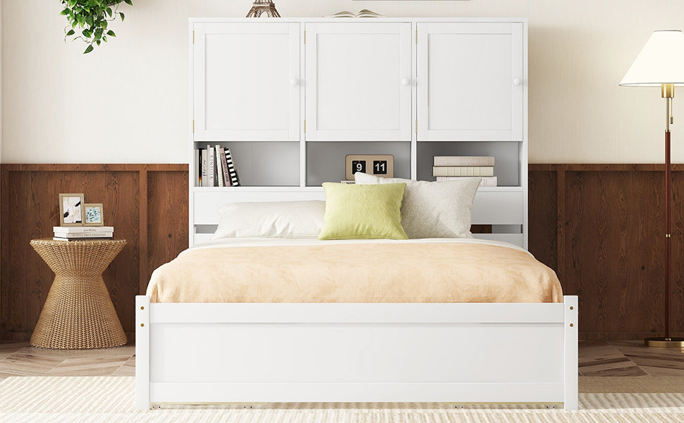 Queen Size Platform Bed With Storage Headboard And 4 Drawers, White Box Spring Not Required Queen White Wood Bedroom Bed Frame Solid Wood Mdf