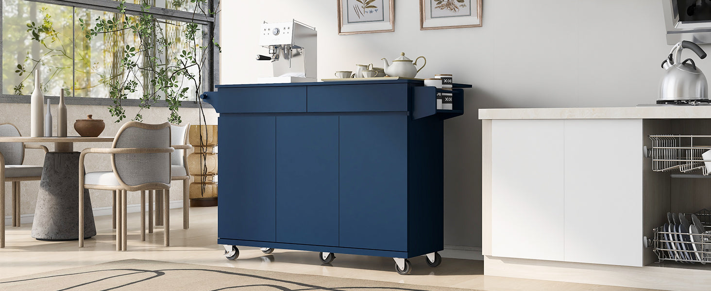 K&K 53.2'' Kitchen Island With Drop Leaf, Kitchen Storage Cart With Spice Rack, Towel Rack And 2 Drawers, Rolling Kitchen Island On Wheels With Adjustable Shelves For Kitchen, Dining Room, Navy Blue Navy Blue Brown Kitchen