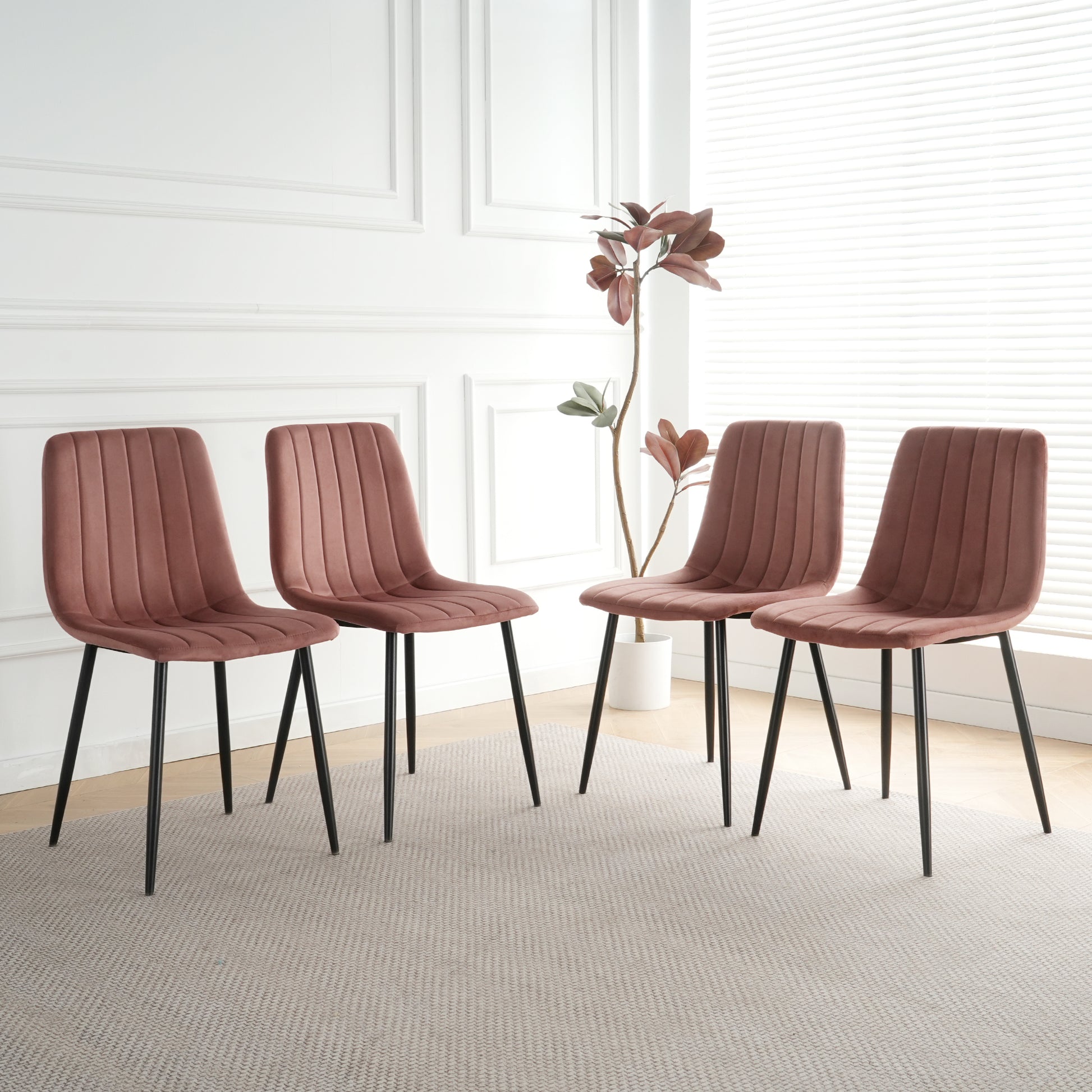 Interior Pink Velvet Dining Chair, Modern Kitchen Dining Chair With Cushion Back, Upholstered Side Chair With Black Coated Metal Legs, Family Kitchen Dining And Living Room Set Of 4 Metal Pink Velvet