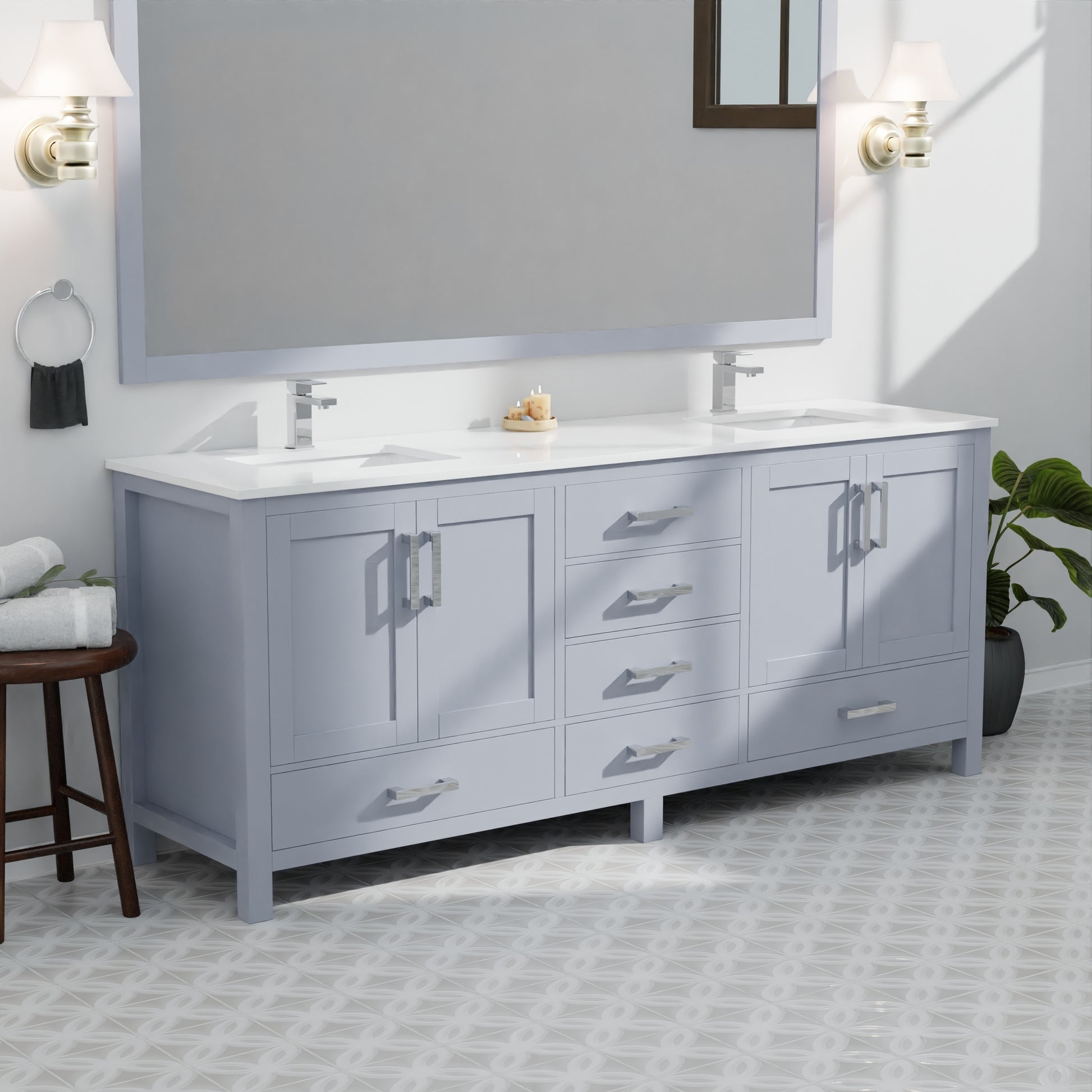 Dark Grey Double Bath Vanity 84 In. W X 22 In. D, Cultured Marble Top, And Faucet Set Dark Grey Plywood Wood
