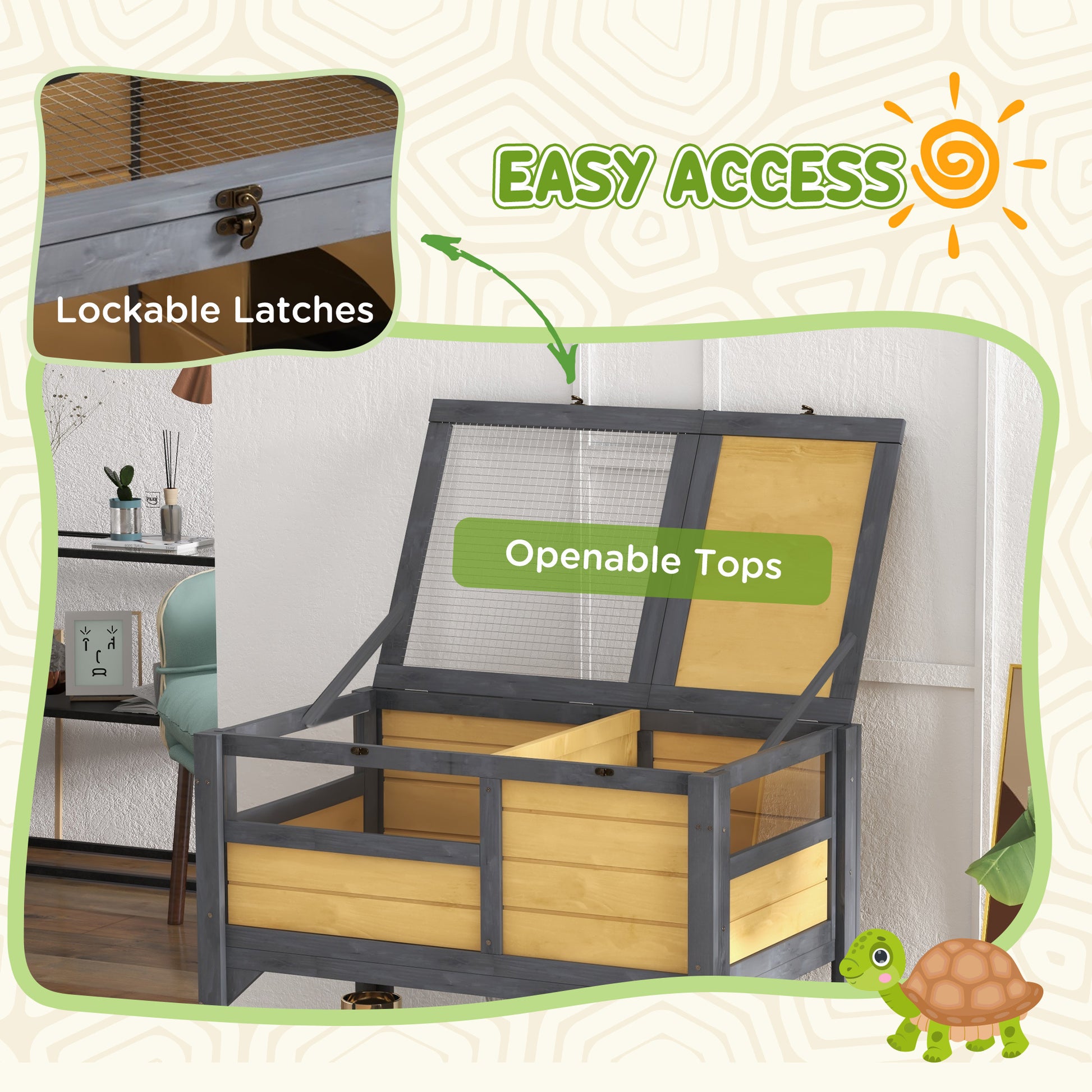 Pawhut Tortoise Habitat With Shelf Storage, Tortoise Enclosure With Weather Protection, Tortoise Gift Accessory, Reptile Enclosure With Tray, Light Support Frame, Yellow Grey Brown Wood