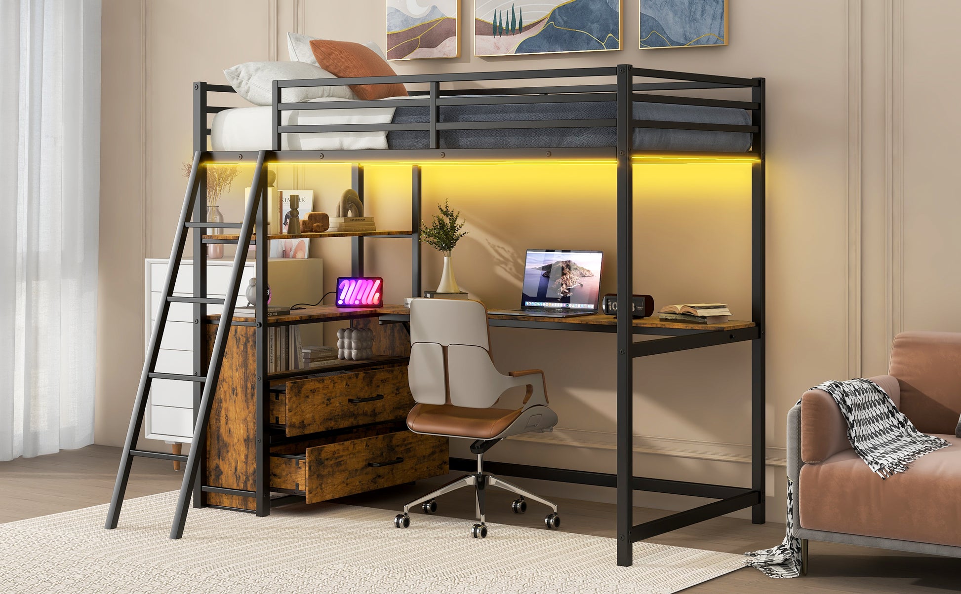 Twin Size Metal&Wood Loft Bed With Desk And Shelves, Two Built In Drawers, Led Light And Usb Charging Station, Black Twin Black Metal & Wood