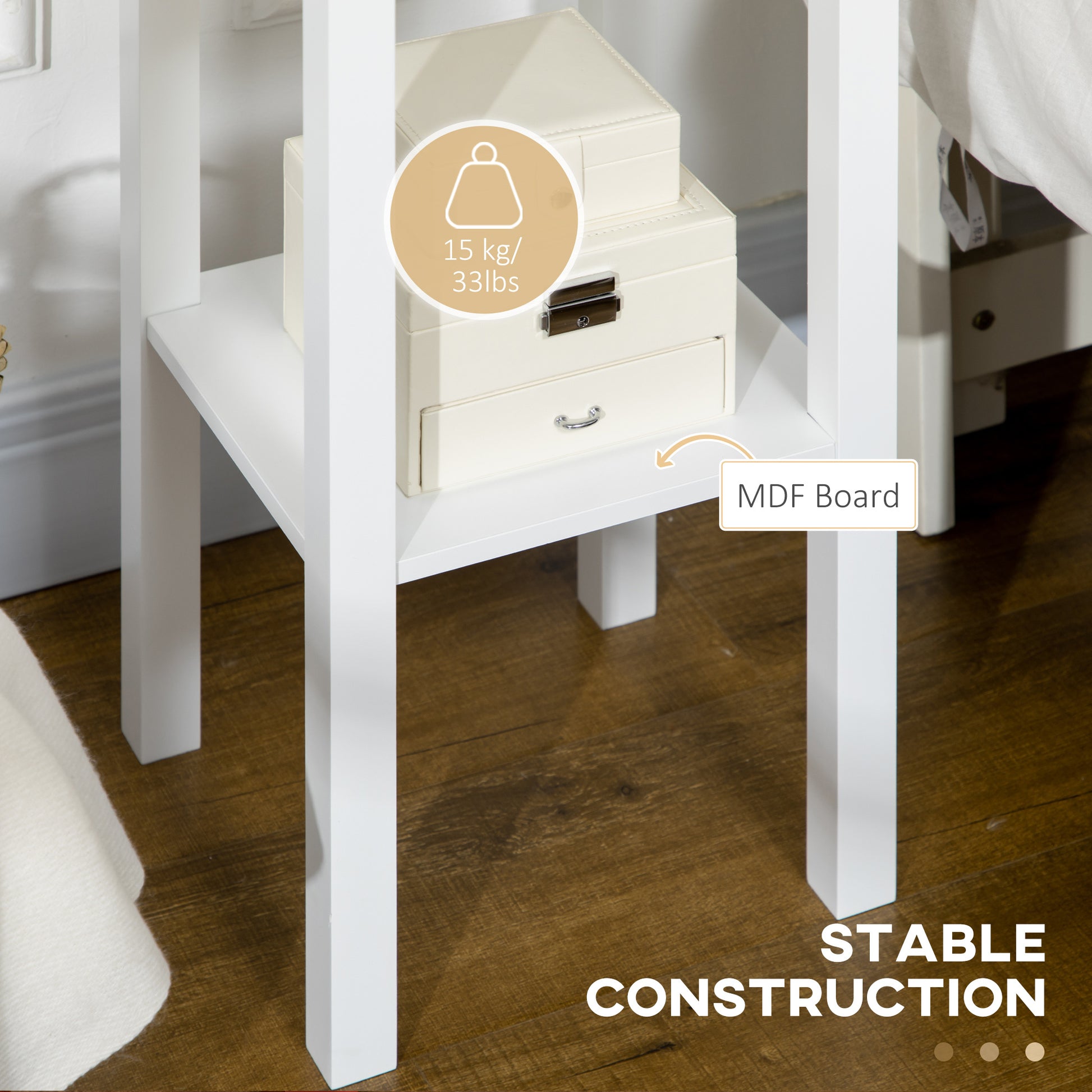 Homcom 2 Tier Side Table With Drawer, Narrow End Table With Bottom Shelf, For Living Room Or Bedroom, White White Mdf
