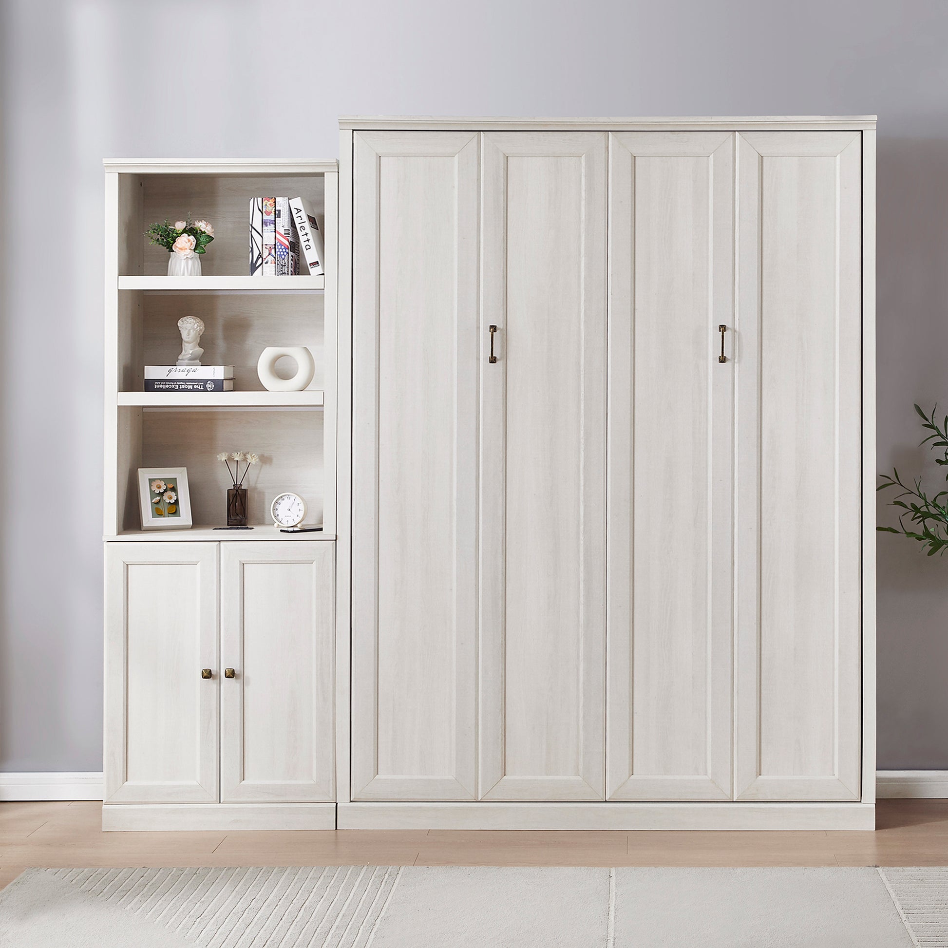 Queen Size Half Self Close And Open Murphy Bed With 1 Side Cabinet Storage Shelf, Cabinet Space Saving Bed Perfect For Guest Room, Bed Room, Guest Room, Home Office, Rustic White Box Spring Not Required Queen Rustic White Wood White Pine Murphy Solid