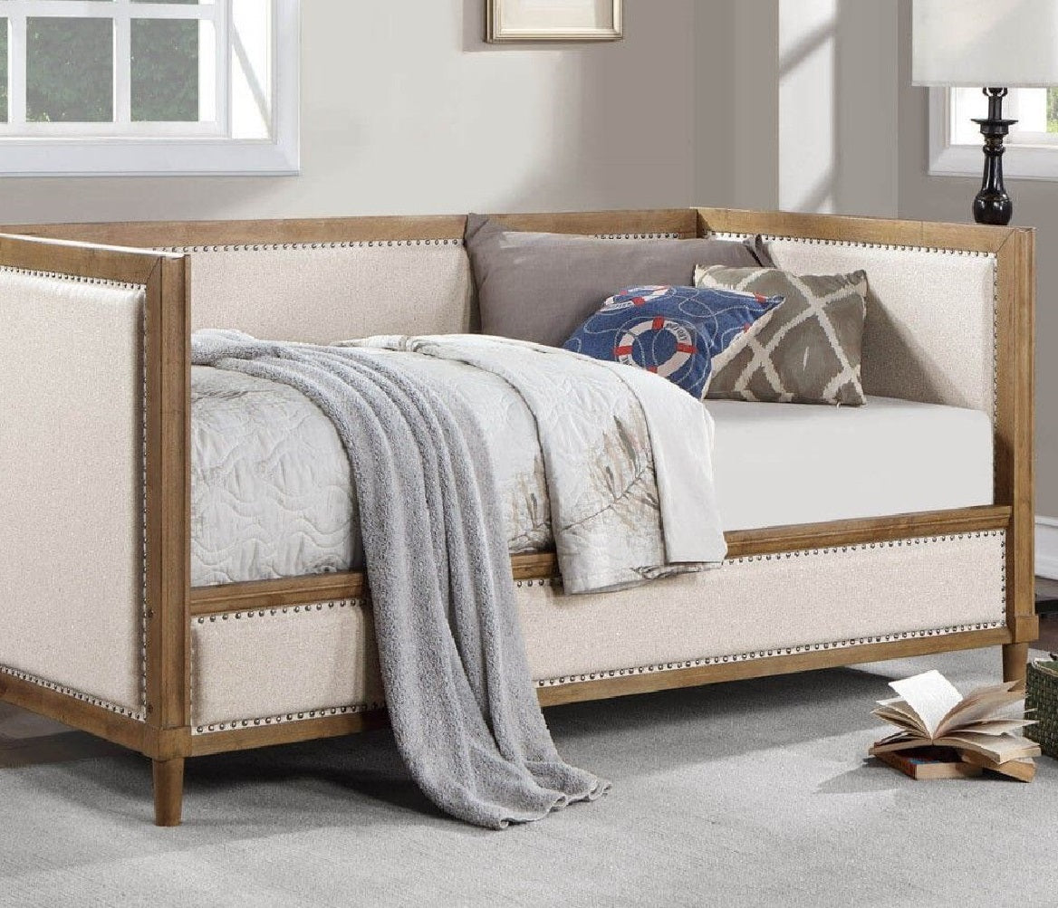 Beige Fabric Upholstered 1Pc Day Bed Light Oak Bed Frame Trim Bedroom Furniture Mattress Ready Twin Day Bed Box Spring Not Required Twin Beige Multi Wood Bedroom Classic,Contemporary,Modern,Transitional Solid Wood