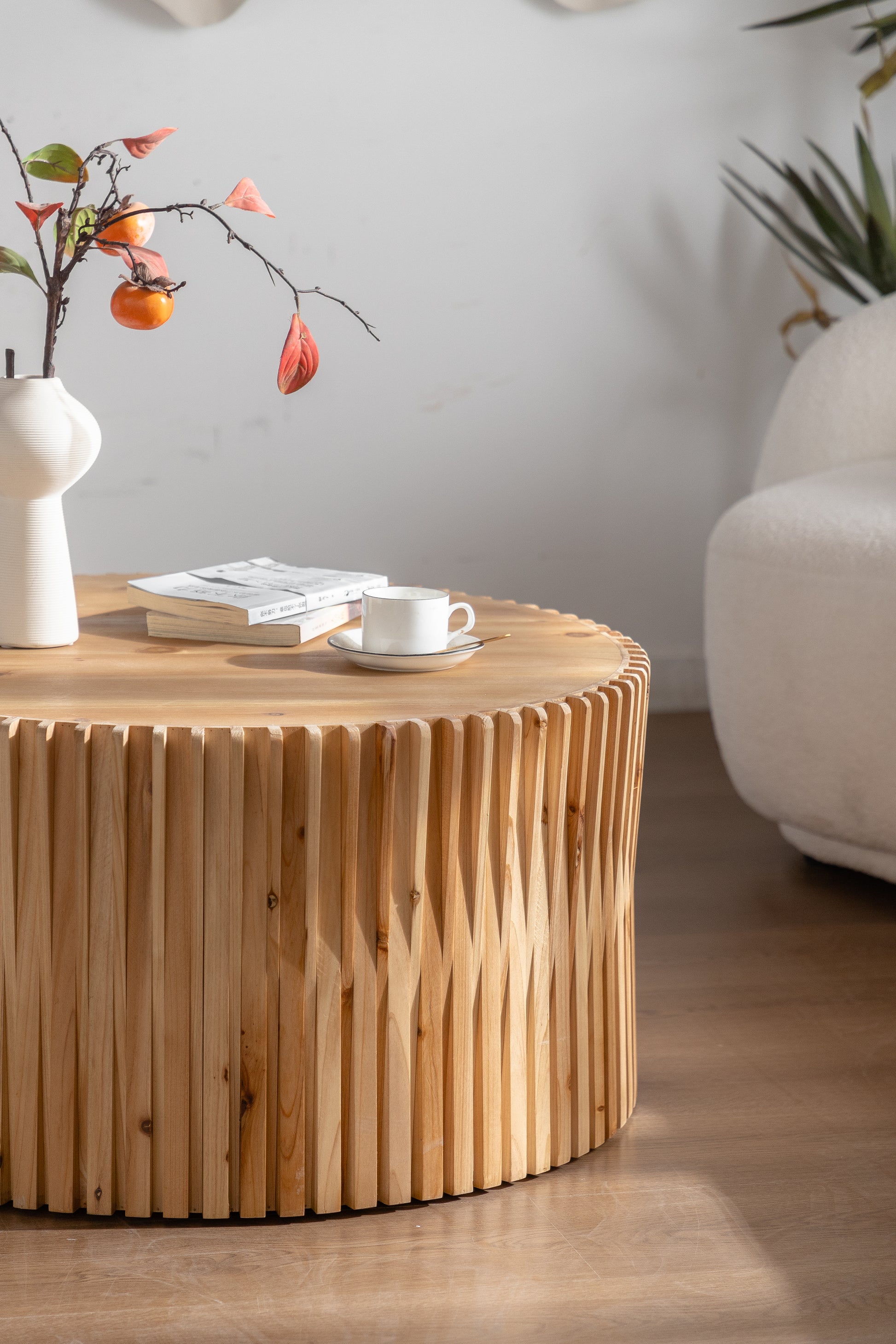 31.5" Retro Fashion Style Cylindrical Coffee Table With Vertical Texture Relief Design,Suitable For Living Room,Office,And Dining Room Natural Fir Wood