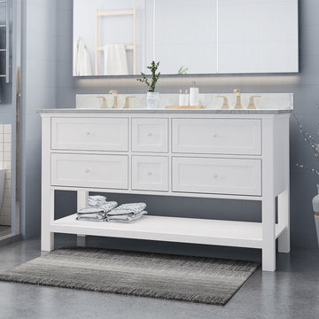 61'' Bathroom Vanity With Marble Top & Double Ceramic Sinks, 4 Drawers, Open Shelf, White White Plywood