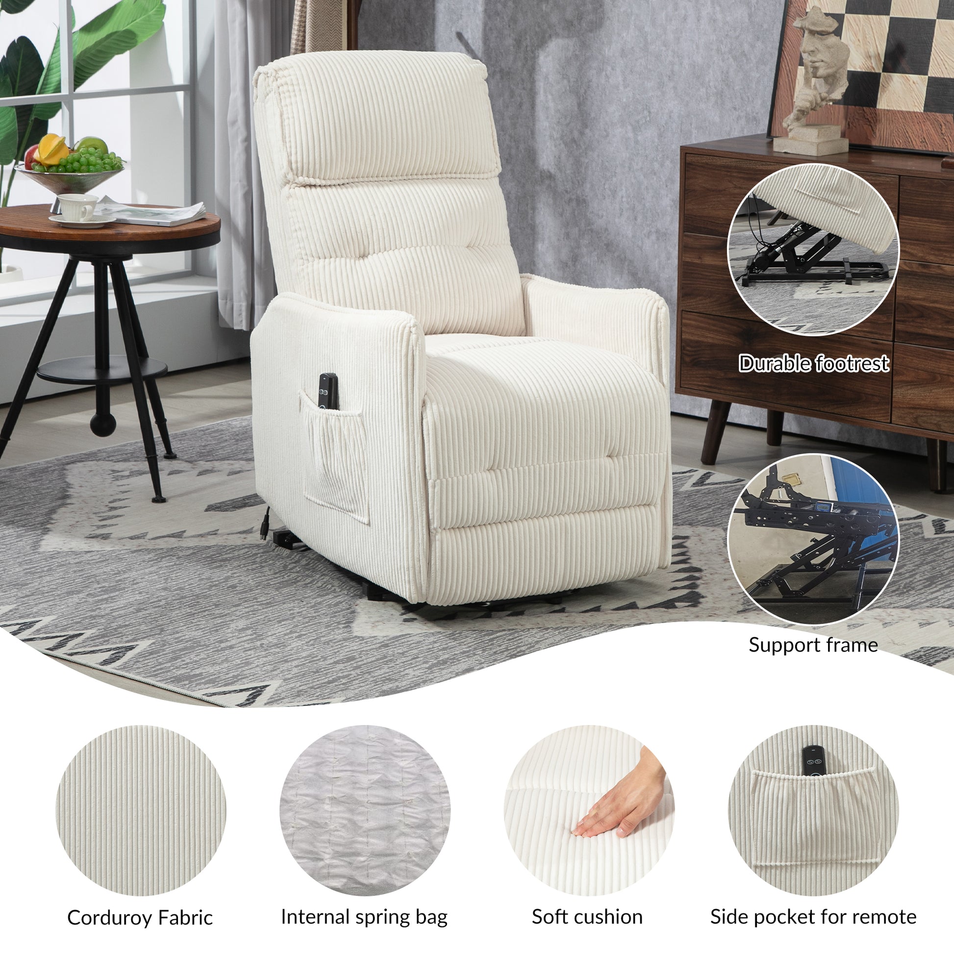 Coolmore Recliner Chair, Electric Recliner Chairs For Adults, Side Pocket Power Reclining Chair Pocket Springs Seat Cushion, Corduroy Fabric Recliner Sofa For Living Room, Bedroom, Home Theater Beige Beige Foam Corduroy