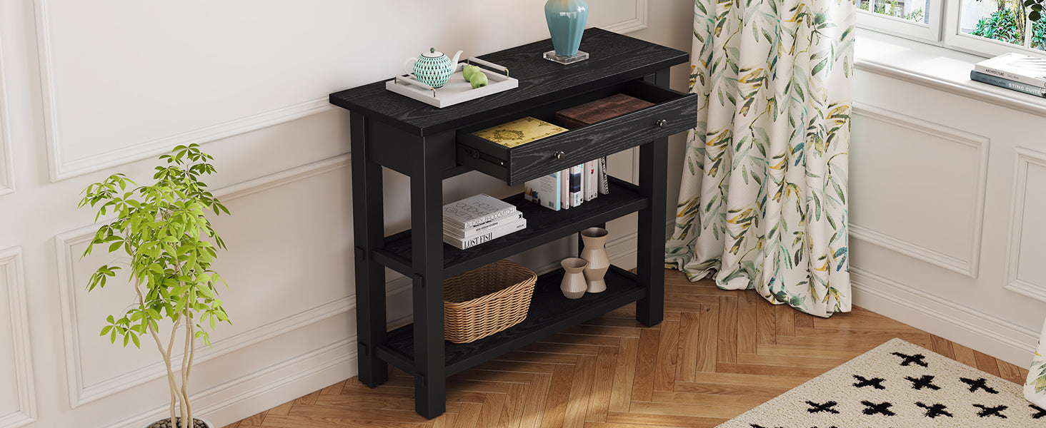 Retro Console Table With Drawer And Two Sturdy Shelves For Entryway, Living Room Black Black Mdf,Rubber Wood