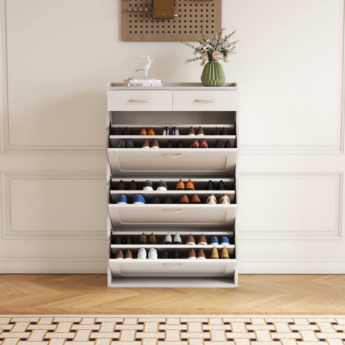 2408 White Solid Wood Shoe Cabinet, Three Layers, Flip Bucket Shoe Storage Cabinet, Simple And Generous For A Variety Of Home Styles White Mdf