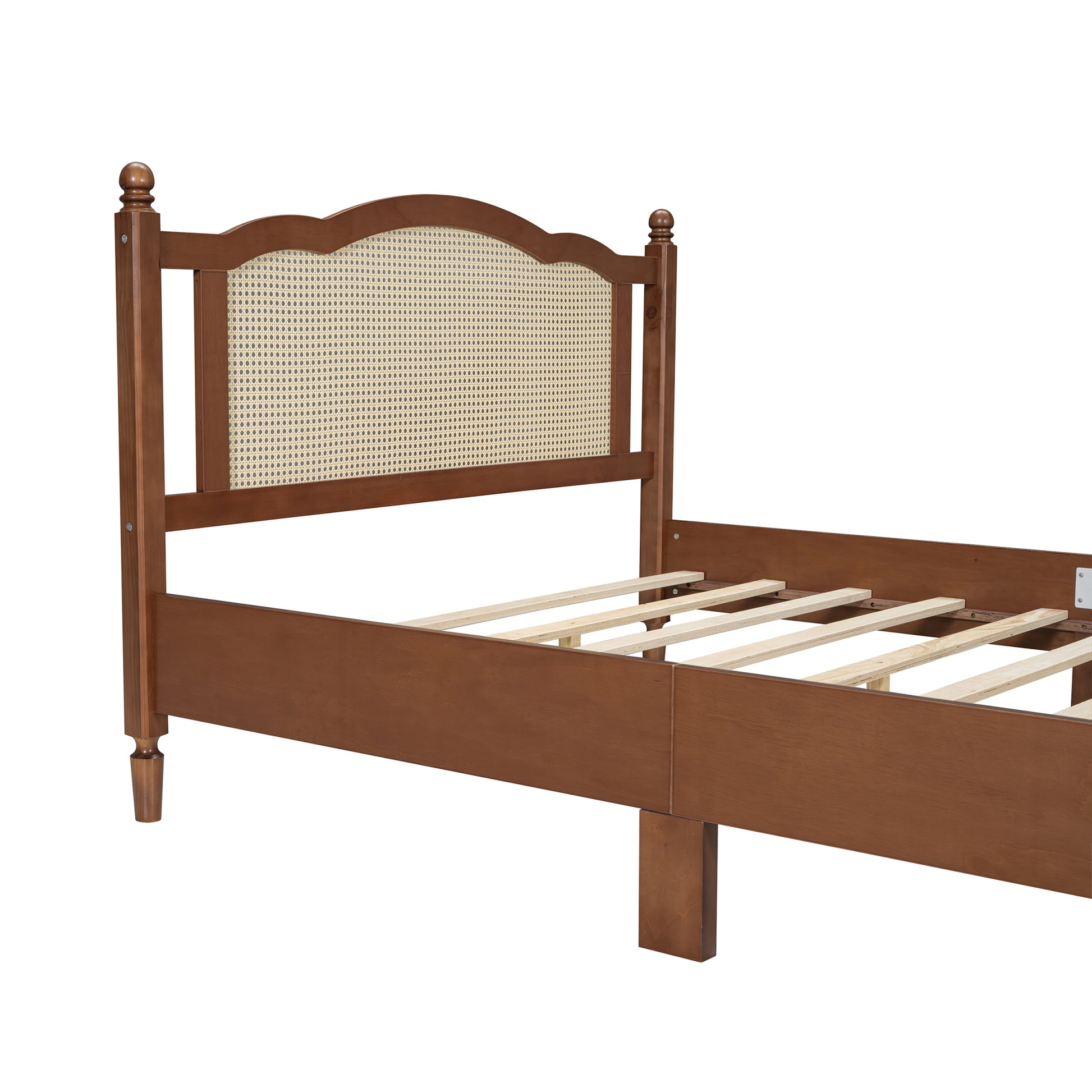 Queen Size Wooden Platform Bed With Natural Rattan Headboard, Vintage Bed Frame With Wooden Slat Support, Walnut Expected Arrival Time: 08.23 Box Spring Not Required Queen Walnut Wood