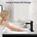 Waterfall Bathroom Faucet Black Single Handle Bathroom Sink Faucets 1 Or 3 Hole Solid Vanity Faucet With Deck Plate & Overflow Pop Up Drain Matte Black One Matte Black Deck Mounted Bathroom Matte Black Stainless Steel