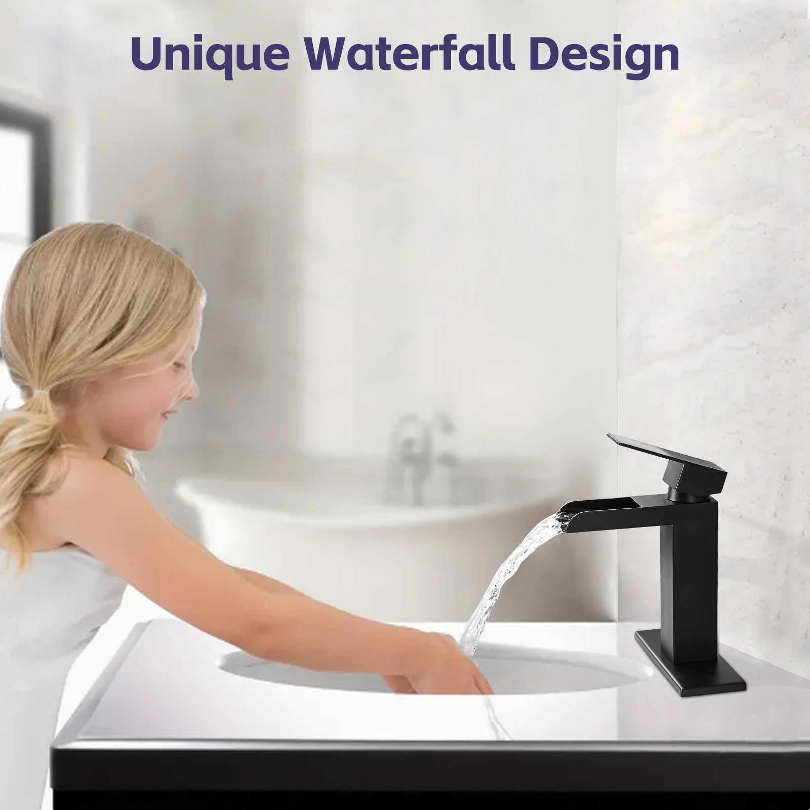 Waterfall Bathroom Faucet Black Single Handle Bathroom Sink Faucets 1 Or 3 Hole Solid Vanity Faucet With Deck Plate & Overflow Pop Up Drain Matte Black One Matte Black Deck Mounted Bathroom Matte Black Stainless Steel