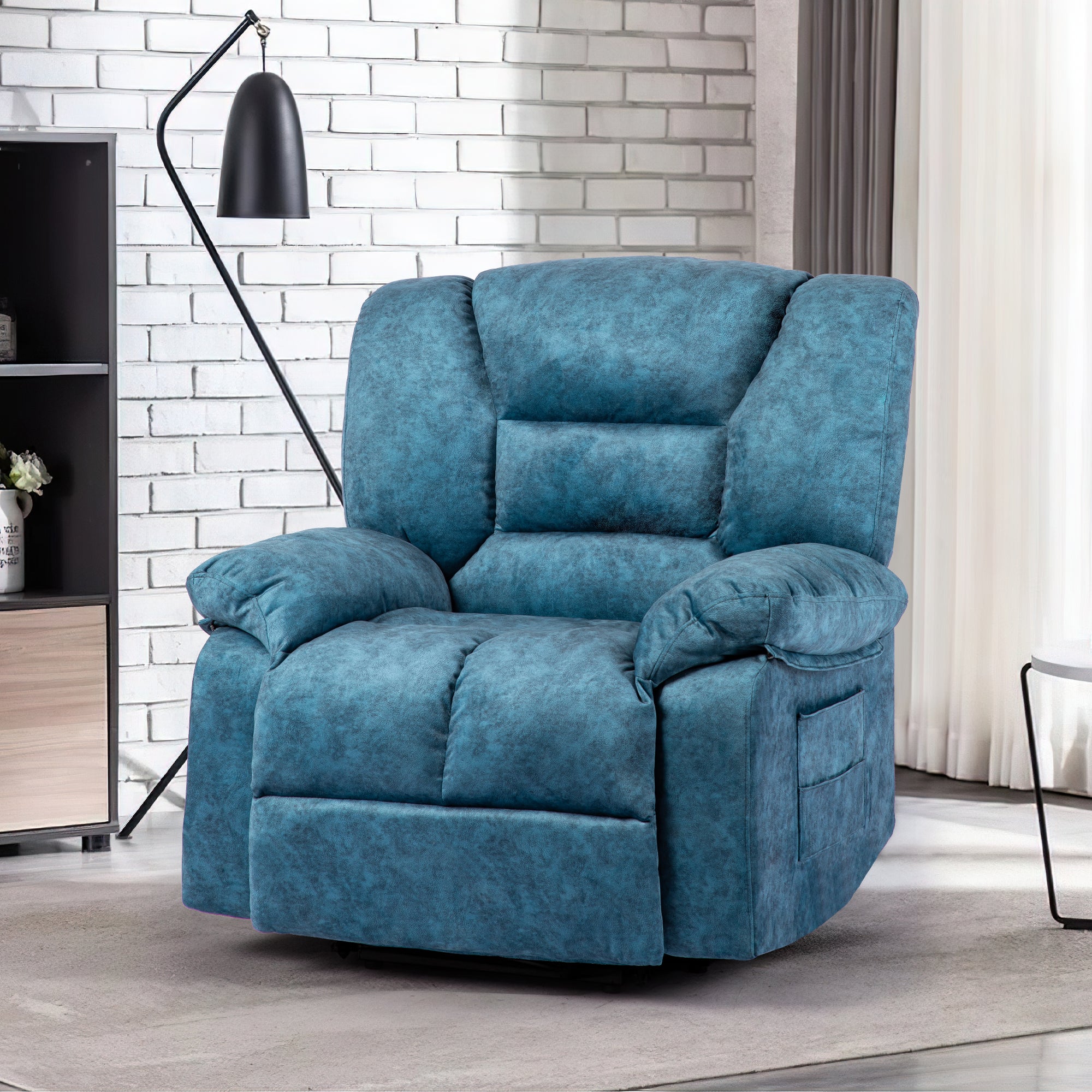 Oversized Recliner Chair Sofa With Massage And Heating Blue Velvet Manual Handle Metal Primary Living Space Soft Cushion Back Heavy Duty American Traditional,Contemporary,Modern Pillow Top Arms Foam Fabric