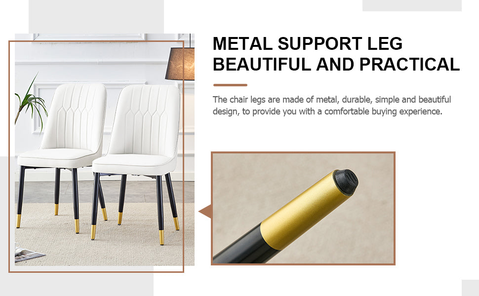 Table And Chair Set.The Table Has A Glass Top With Imitation Marble Pattern Stickers And Stainless Steel Golden Legs. Paried With Chairs With Pu Artificial Leather Backrest Cushions And Black Legs. White Gold Seats 6 Glass Metal
