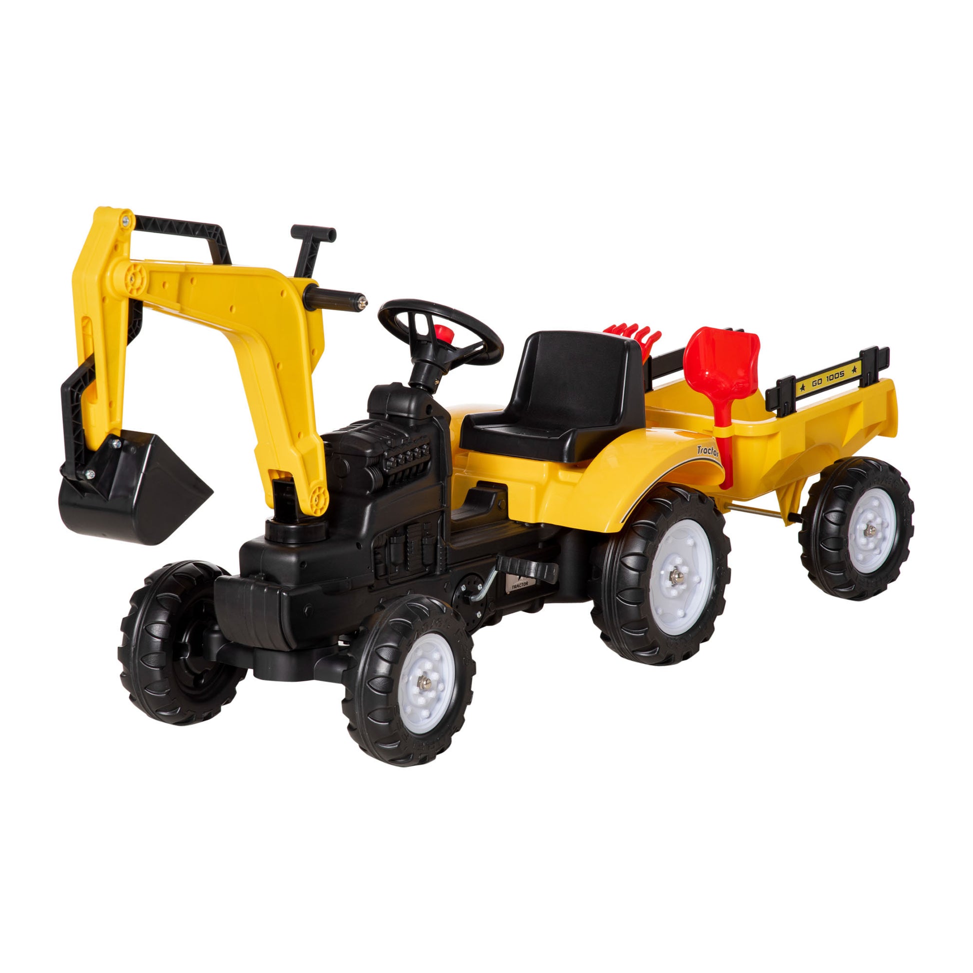 Aosom Digger Ride On Truck Kids Car With Horn, Excavator Ride On Toy, Imaginative Toy Construction Car, 6 Wheels & Detachable Trailer, Yellow Yellow Iron Plastic