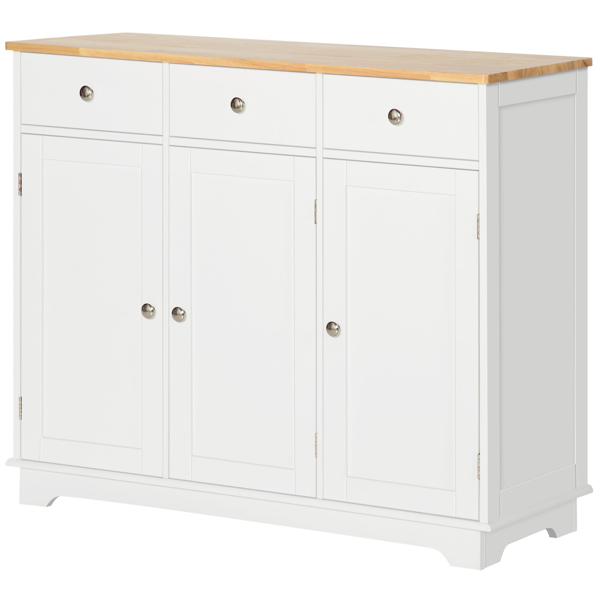 Homcom Sideboard With Solid Wood Countertop, Modern Kitchen Storage Cabinet, Coffee Bar Cabinet With 3 Drawers, Doors And Adjustable Shelf, White White Mdf