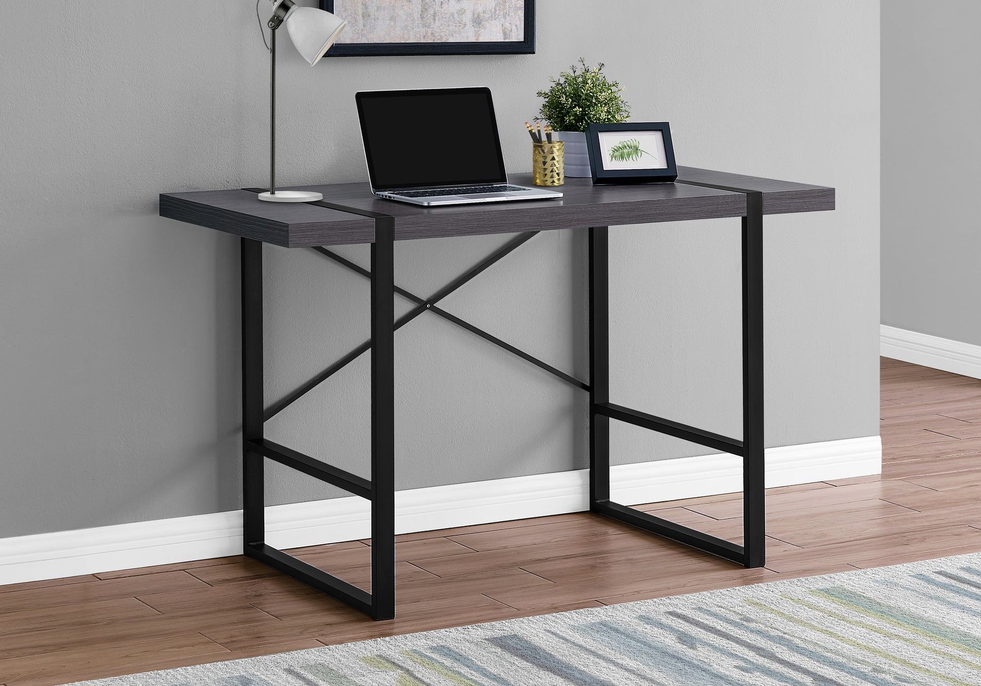 Computer Desk, Home Office, Laptop, 48"L, Work, Grey Laminate, Black Metal, Contemporary, Modern Grey Particle Board