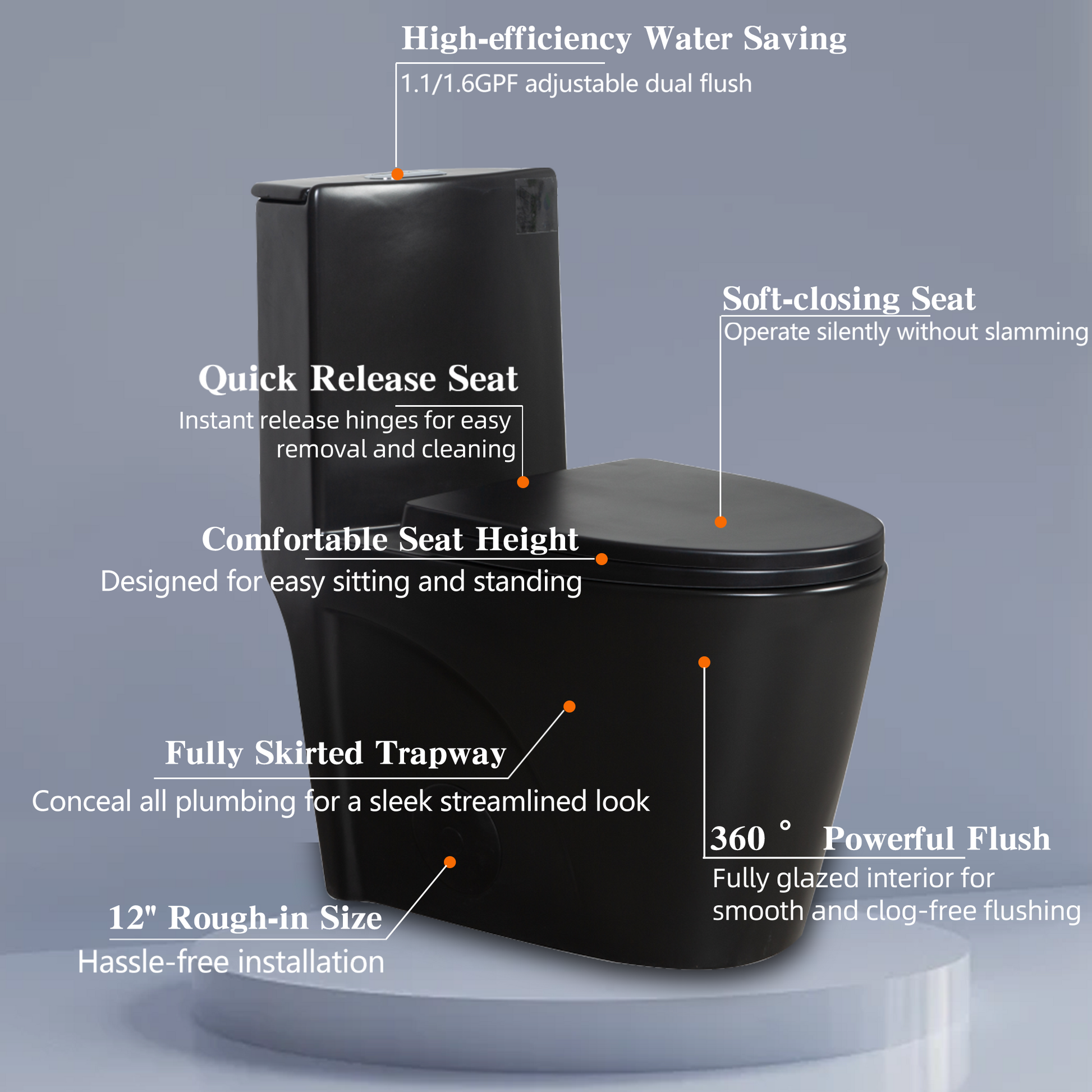 1.1 1.60 Gpf Dual Flush One Piece Toilet, Water Saving Elongated Comfort Height Floor Mounted, Soft Close Seat, 1000 Gram Map Flushing Score Toilet, Matte Black 23T01 Mb 1 Black Ceramic