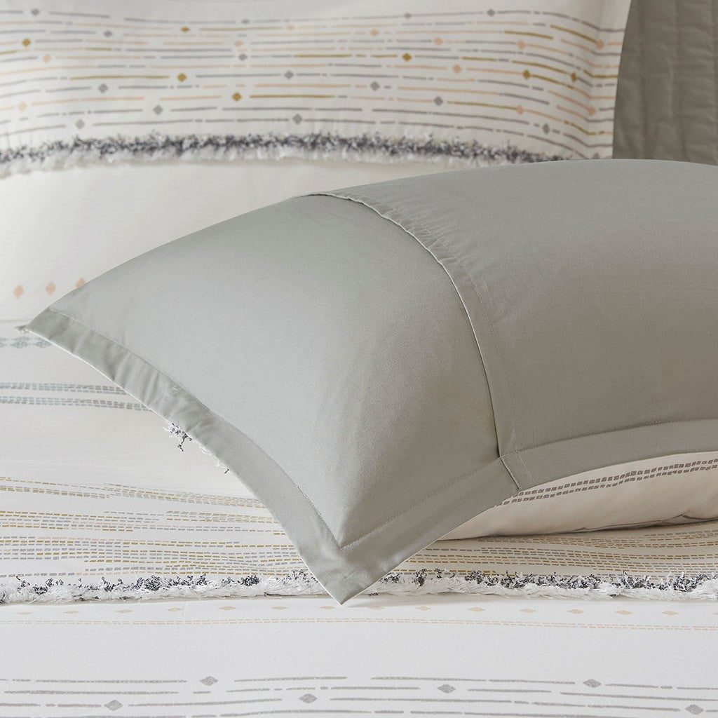 Cotton Printed Comforter Set With Trims Off White Gray Full Queen Queen Off White Gray Cotton