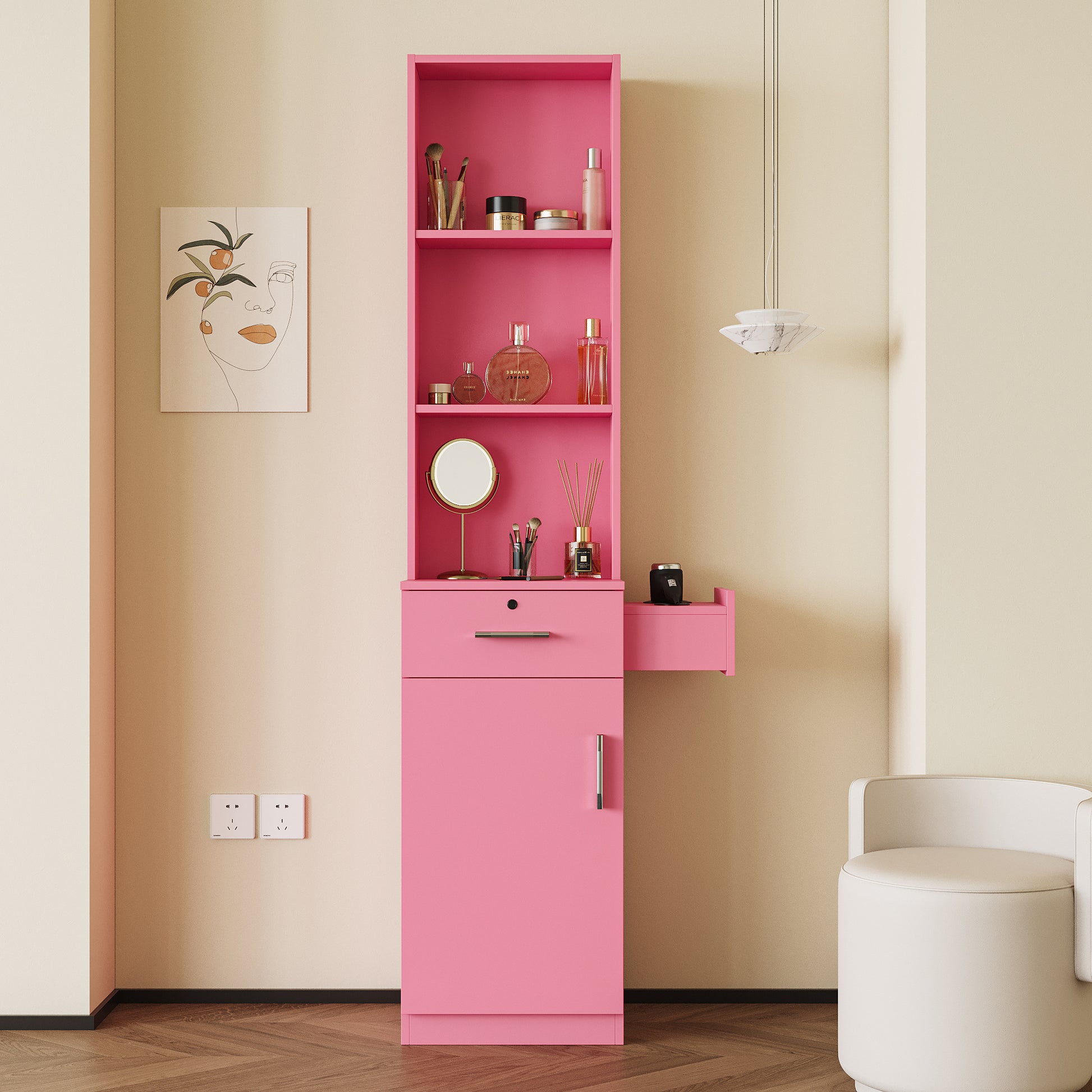 Pink Modern Simple Hair Desk, Multi Layer Storage Space Pink Mdf