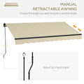Outsunny 12' X 10' Retractable Awning, Patio Awning Sunshade Shelter With Manual Crank Handle, 280Gsm Uv Resistant Fabric And Aluminum Frame For Deck, Balcony, Yard, Beige And White Beige Polyester