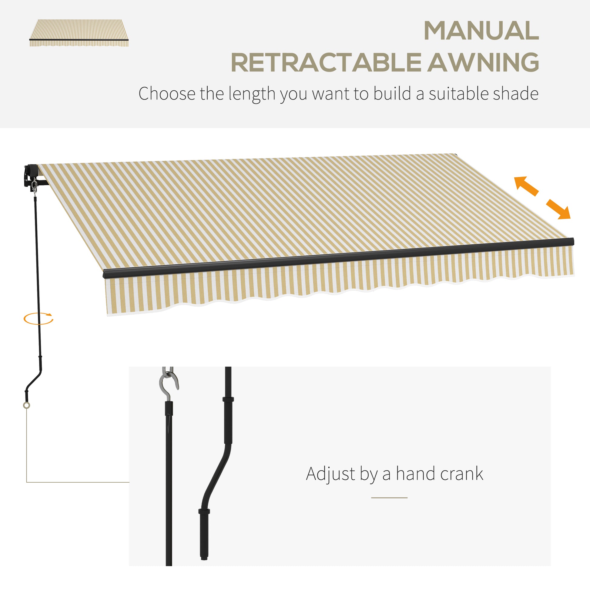 Outsunny 12' X 10' Retractable Awning, Patio Awning Sunshade Shelter With Manual Crank Handle, 280Gsm Uv Resistant Fabric And Aluminum Frame For Deck, Balcony, Yard, Beige And White Beige Polyester