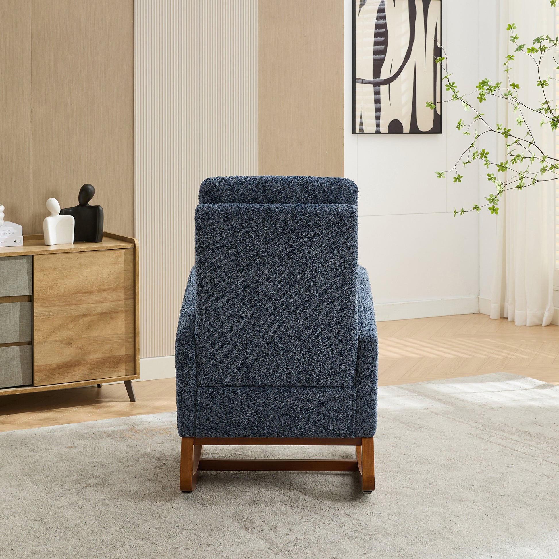 25.4"W Rocking Chair For Nursery, High Back Glider Chair With Retractable Footrest, Side Pocket, Rocking Accent Armchair With Rubber Wood Legs For Living Room Bedroom.Navy Navy Boucle