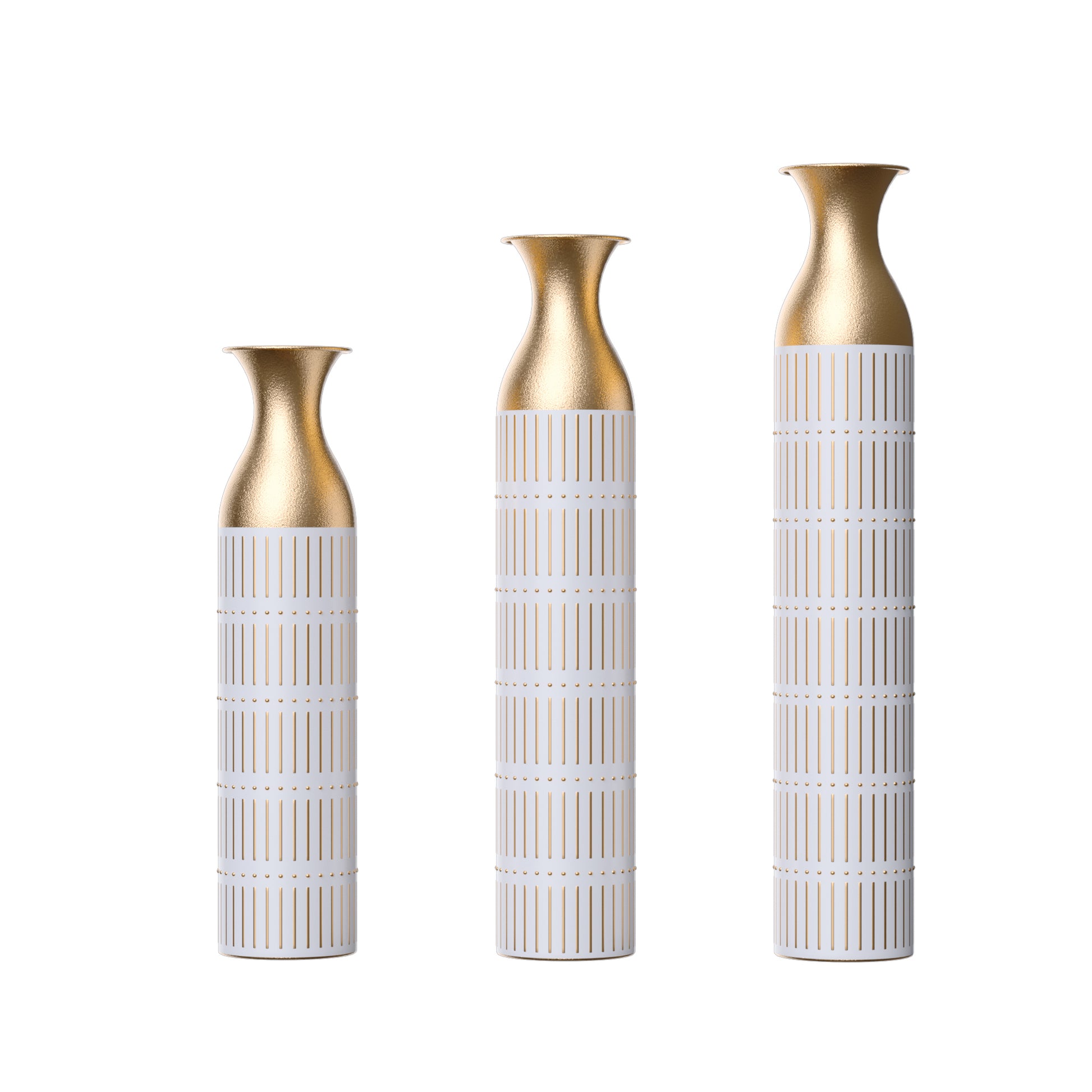 Floor Metal Vases Decorated White Metal Vases Set Of 3 Gorgeous Home Decoration Large Glazed Metal Vases 24In 28.7In 33.5In Height White Pu Metal