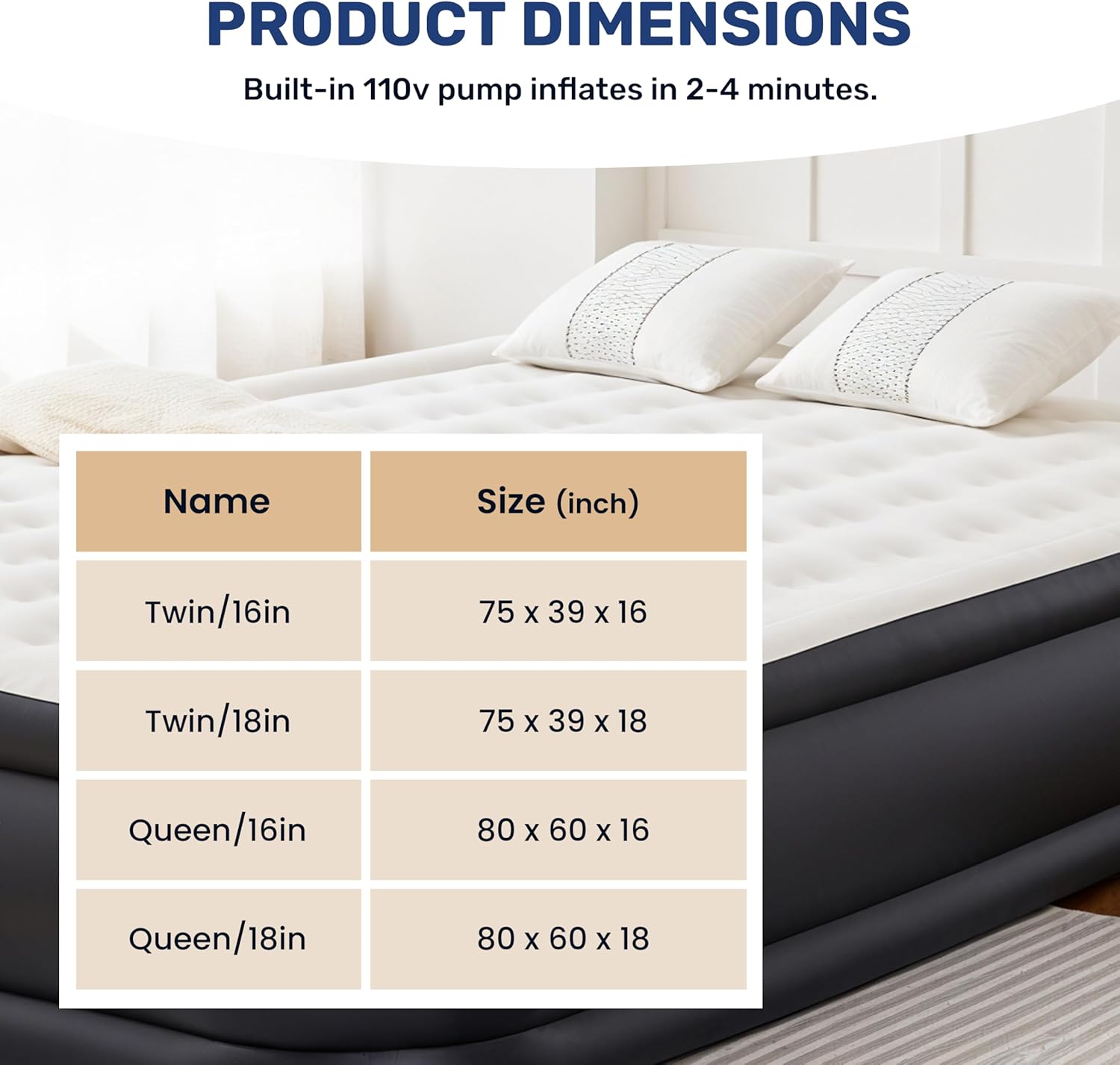 Twin Camping Air Mattress With Built In Electric High Speed Pump, 18" Bed Height, Blow Up Aerobed Inflatable Airbed With Carrying Bag, Best For Home Guests & Travel, Waterproof Foldable Portable