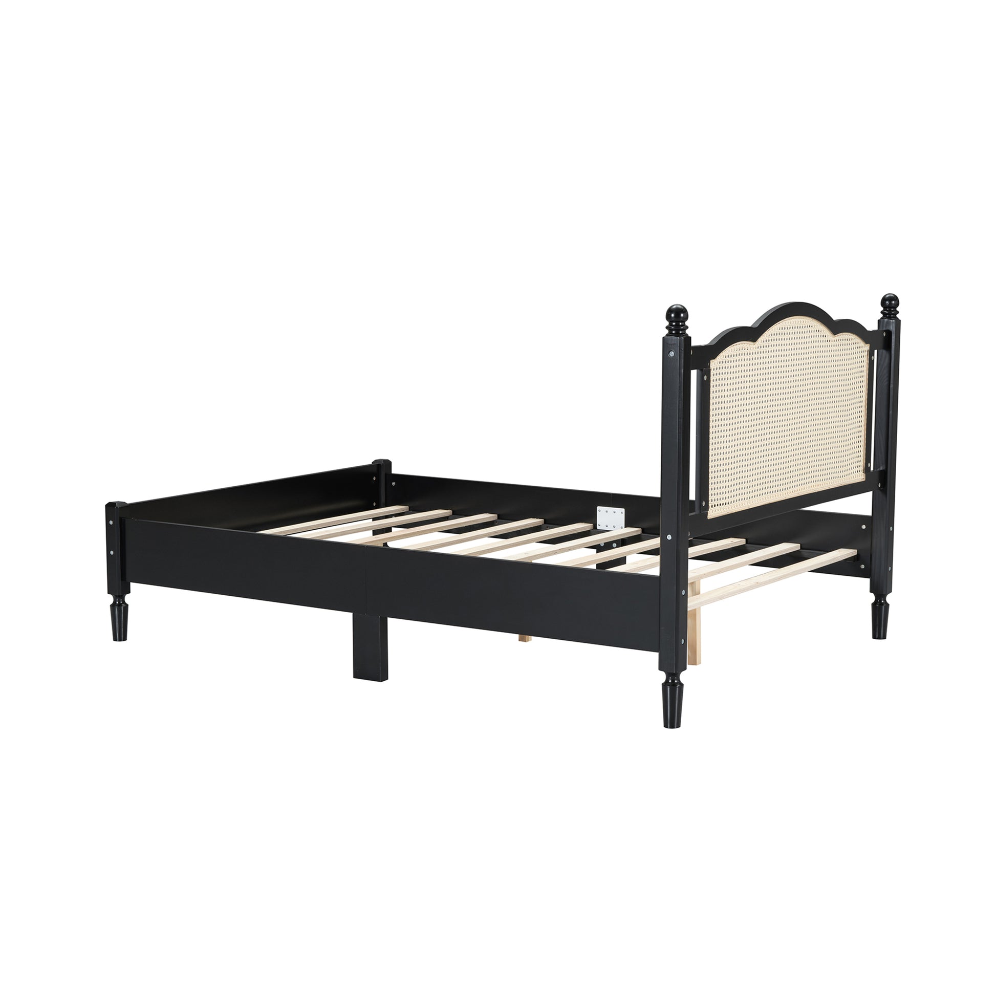 Full Size Wooden Platform Bed With Natural Rattan Headboard, Vintage Bed Frame With Wooden Slat Support, Black Expected Arrival Time: 08.23 Box Spring Not Required Full Black Wood