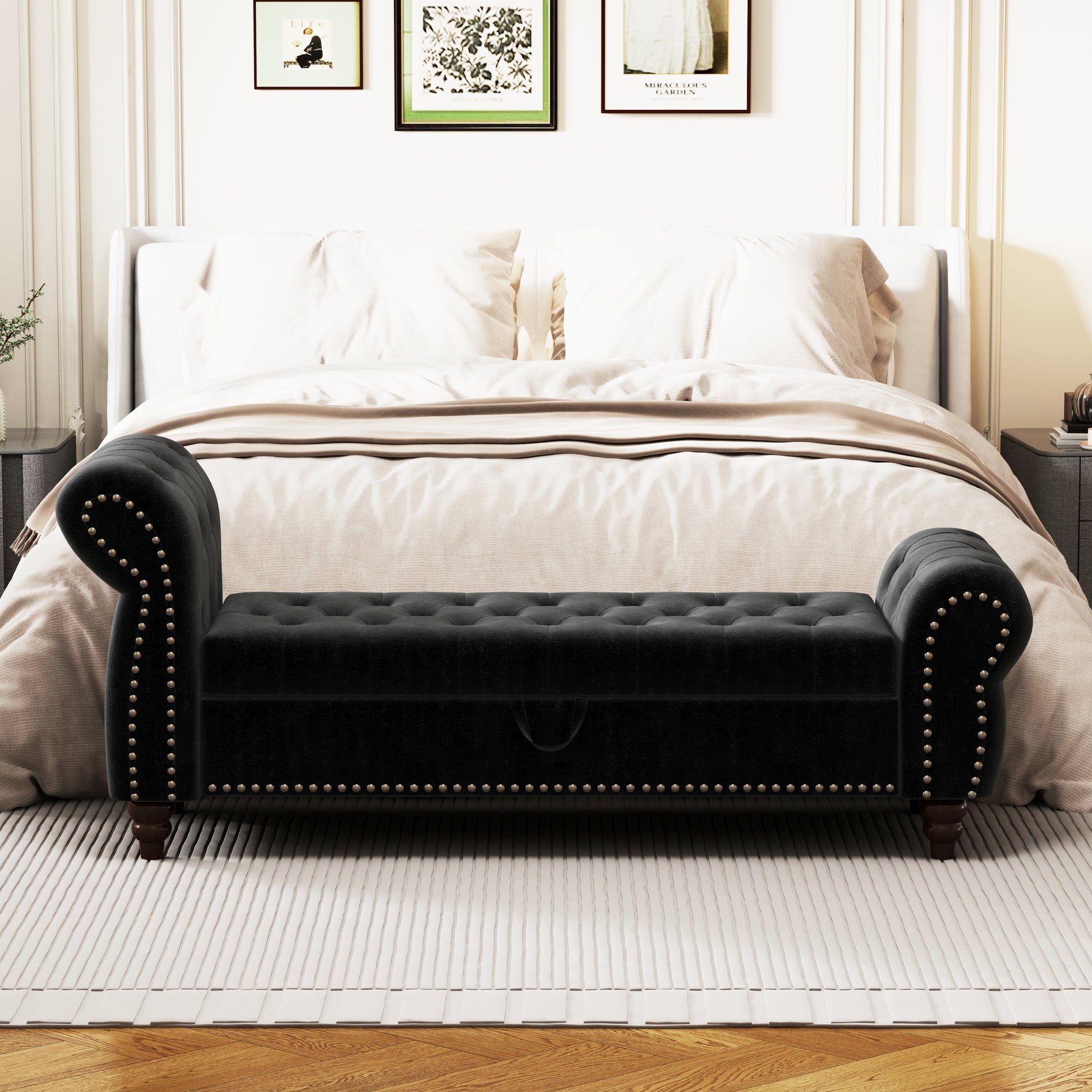 64.5" Bed Bench For Bed Room Nails Tufted Chaise Of Lounge With Storage Velvet Upholstery Black Black Bedroom Foam Velvet