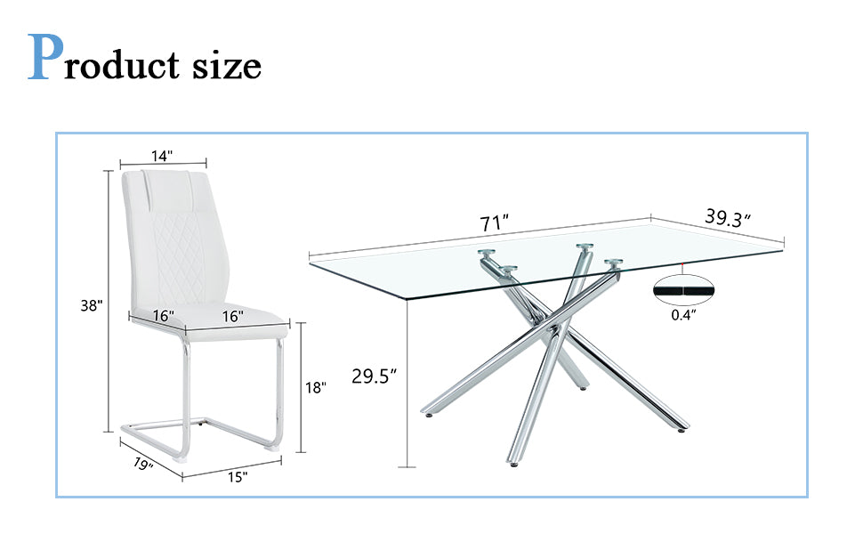 Table And Chair Set.Modern Luxurious Transparent Tempered Glass Dining Table Set With 8 Chairs.Single Fork Silver Metal Table Legs.White High Quality Pu Dining Chairs With Silver Metal Legs.